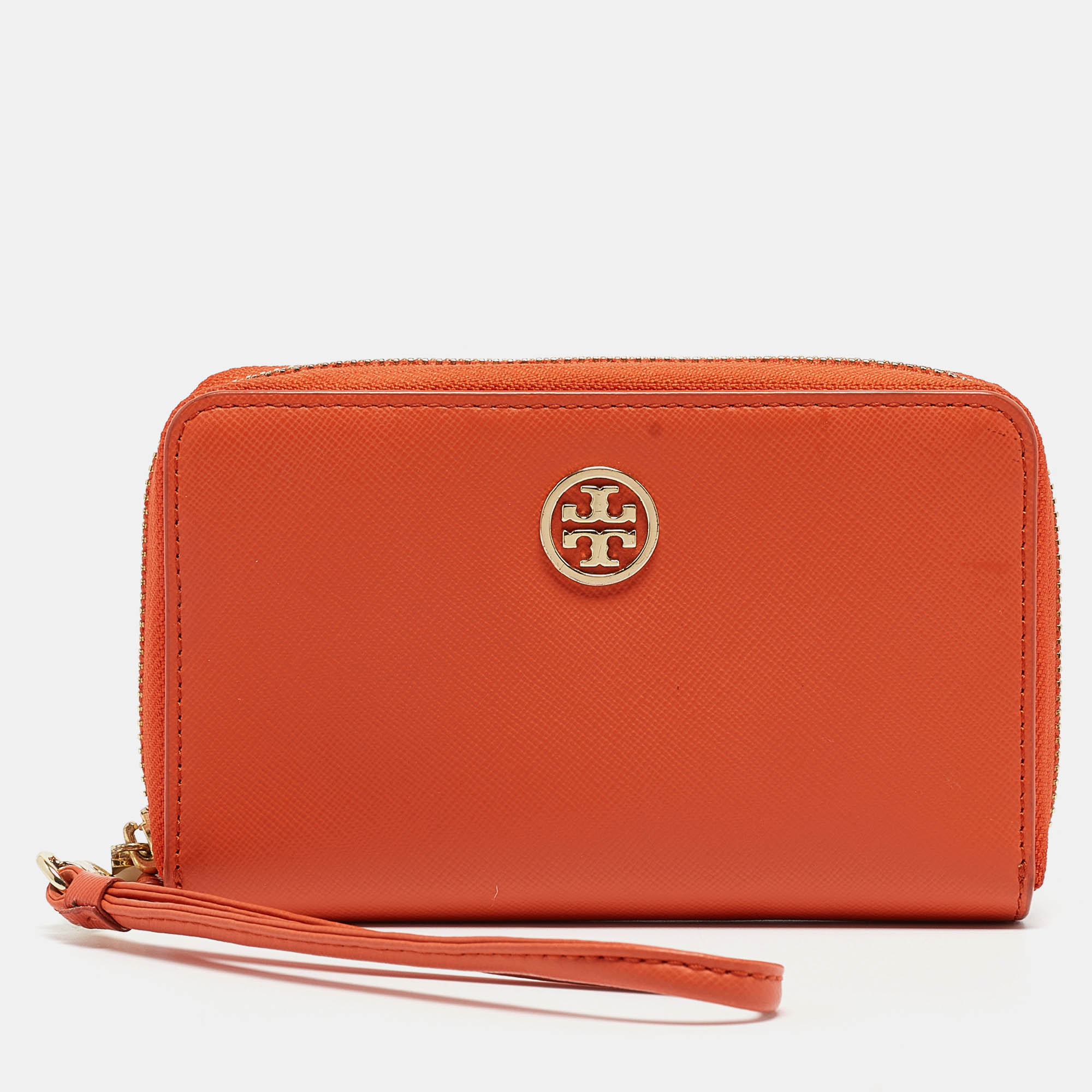 Orange Leather Robinson Zip Around Wristlet Wallet