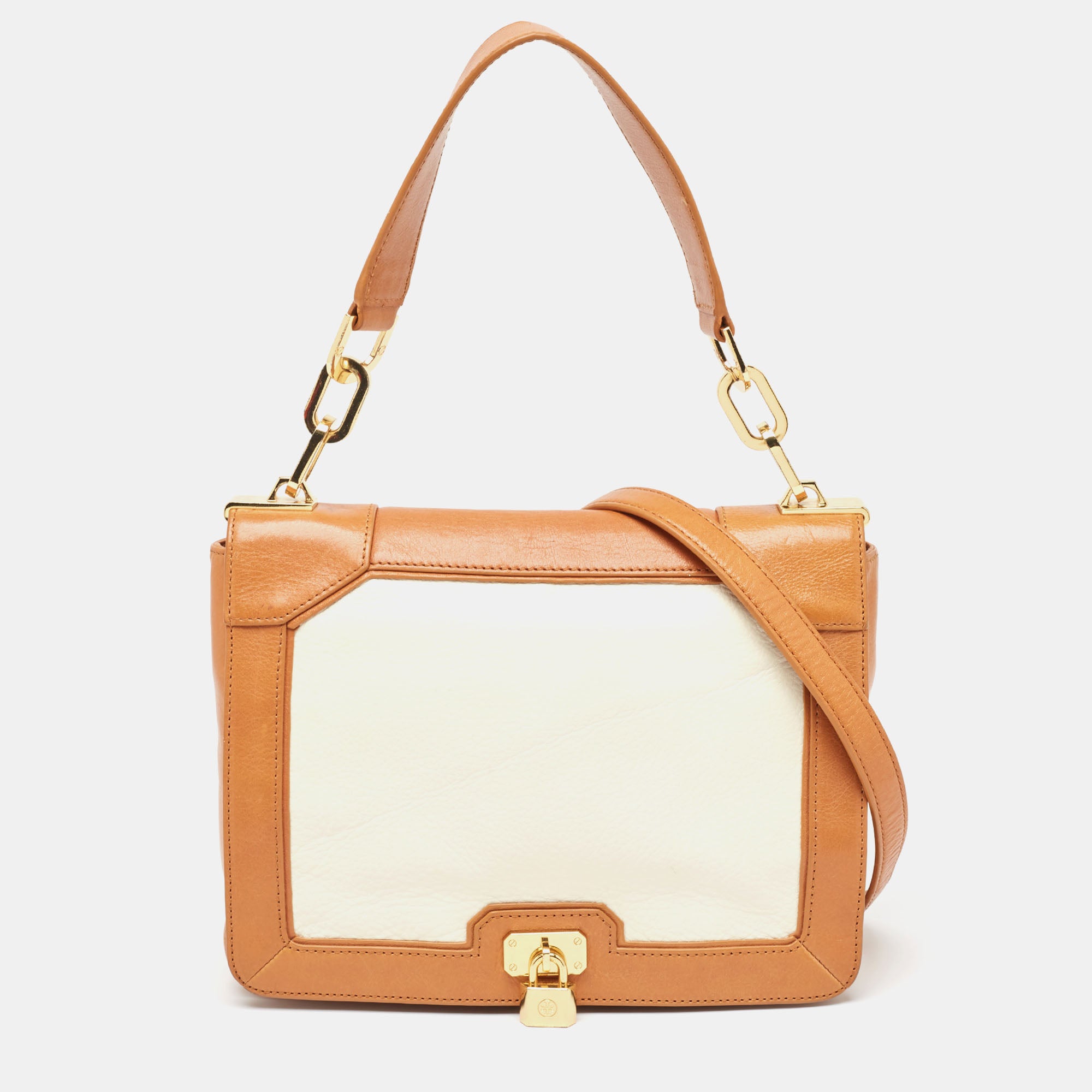 Tan/Off Leather Lock Flap Shoulder Bag