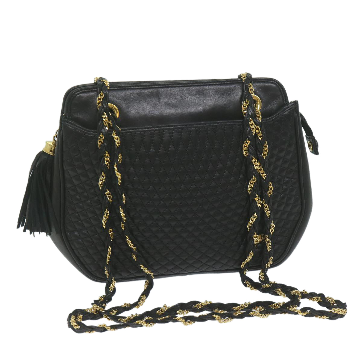 Quilted Chain Shoulder Bag Leather Black Auth Yb484