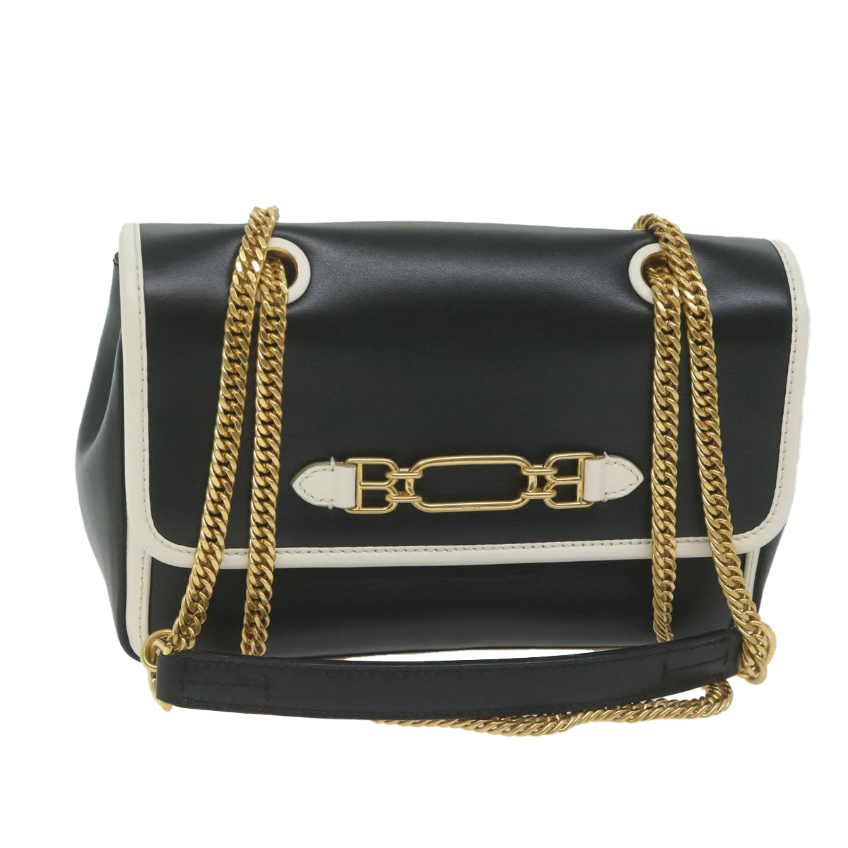 Chain Shoulder Bag Leather Black Auth Yk10275
