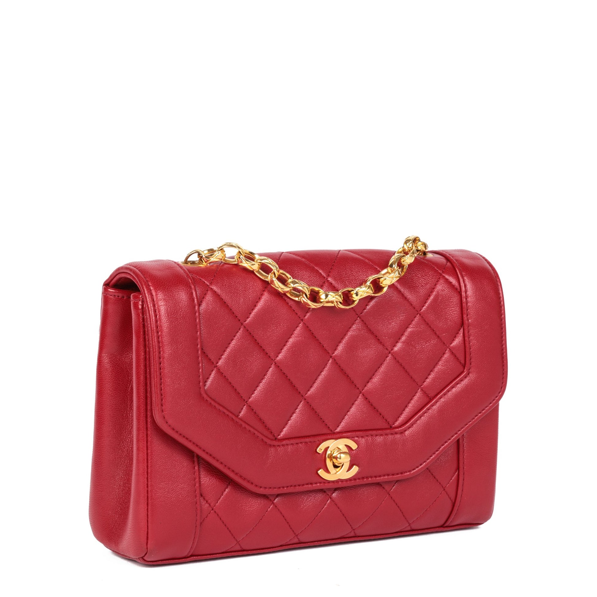 Chanel Red Quilted Lambskin Vintage Small Diana Classic Single Flap Ba