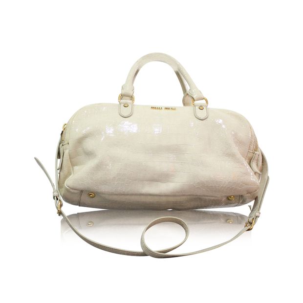 miu miu croc embossed patent leather bowling bag, ivory