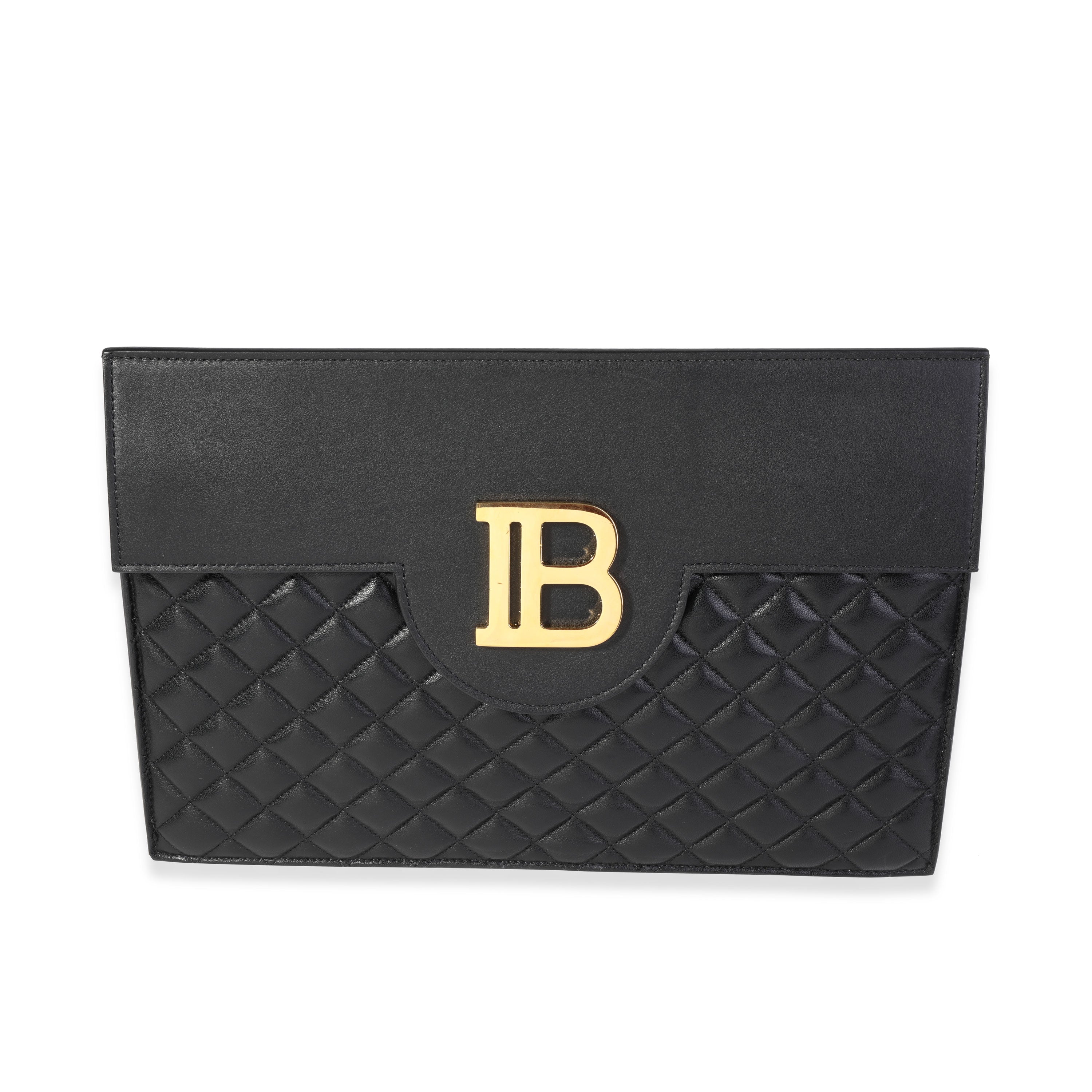 balmain black quilted lambskin b pouch logo clutch
