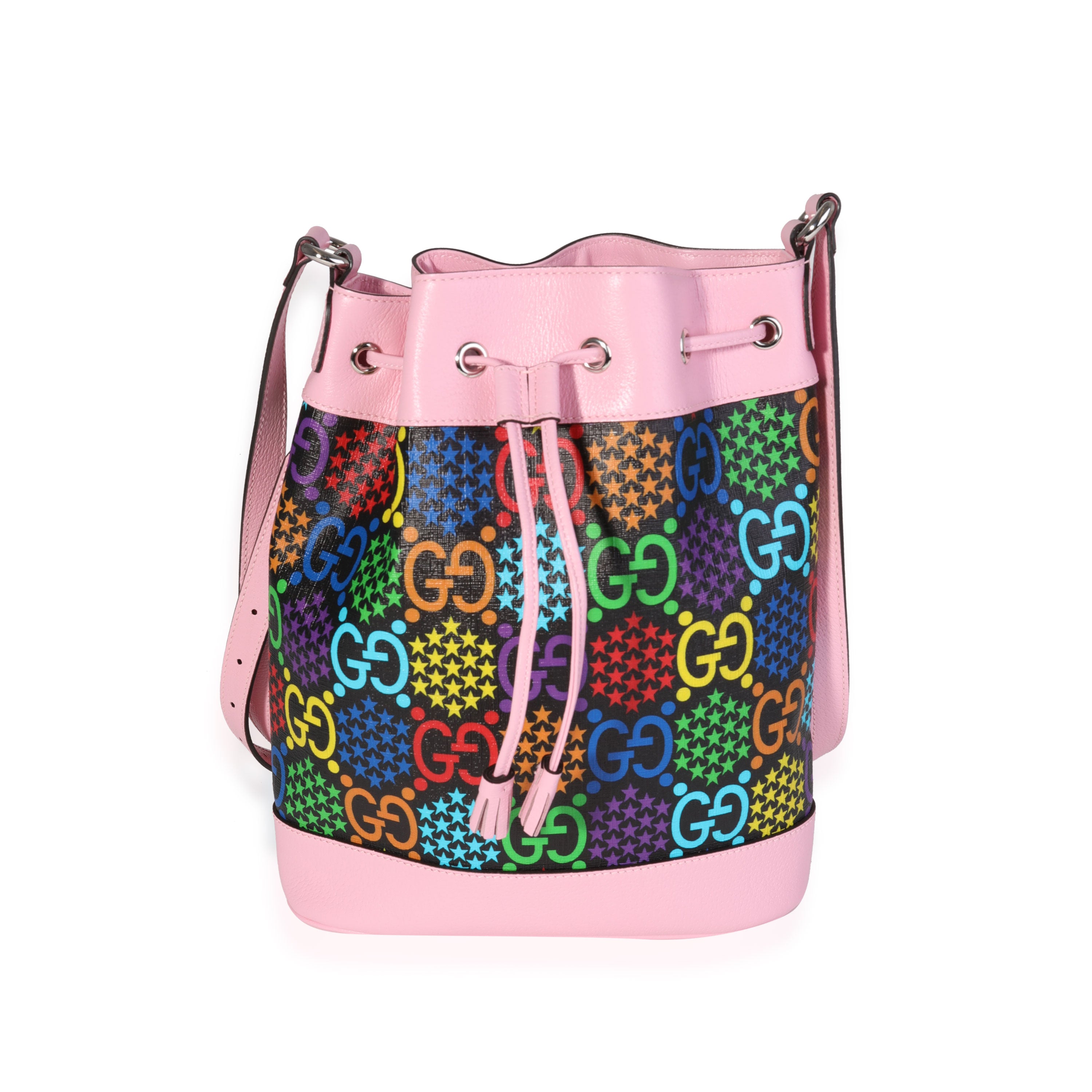 Image of GUCCI Multicolor Coated Canvas & Pink Leather Psychedelic Bucket Bag