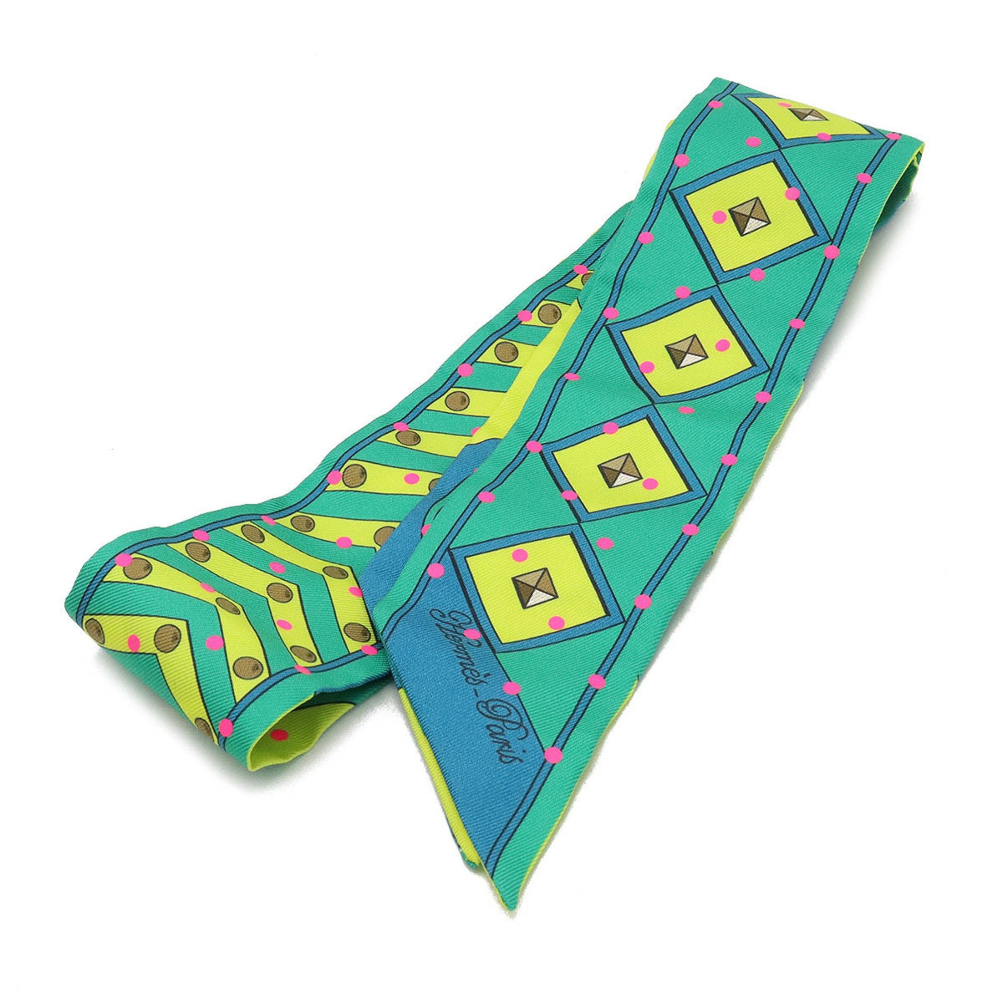 image of HERMES TWELL Twilly Scarf Colliers et Chiens "Collar and Dog" 100% Silk Green Yellow
