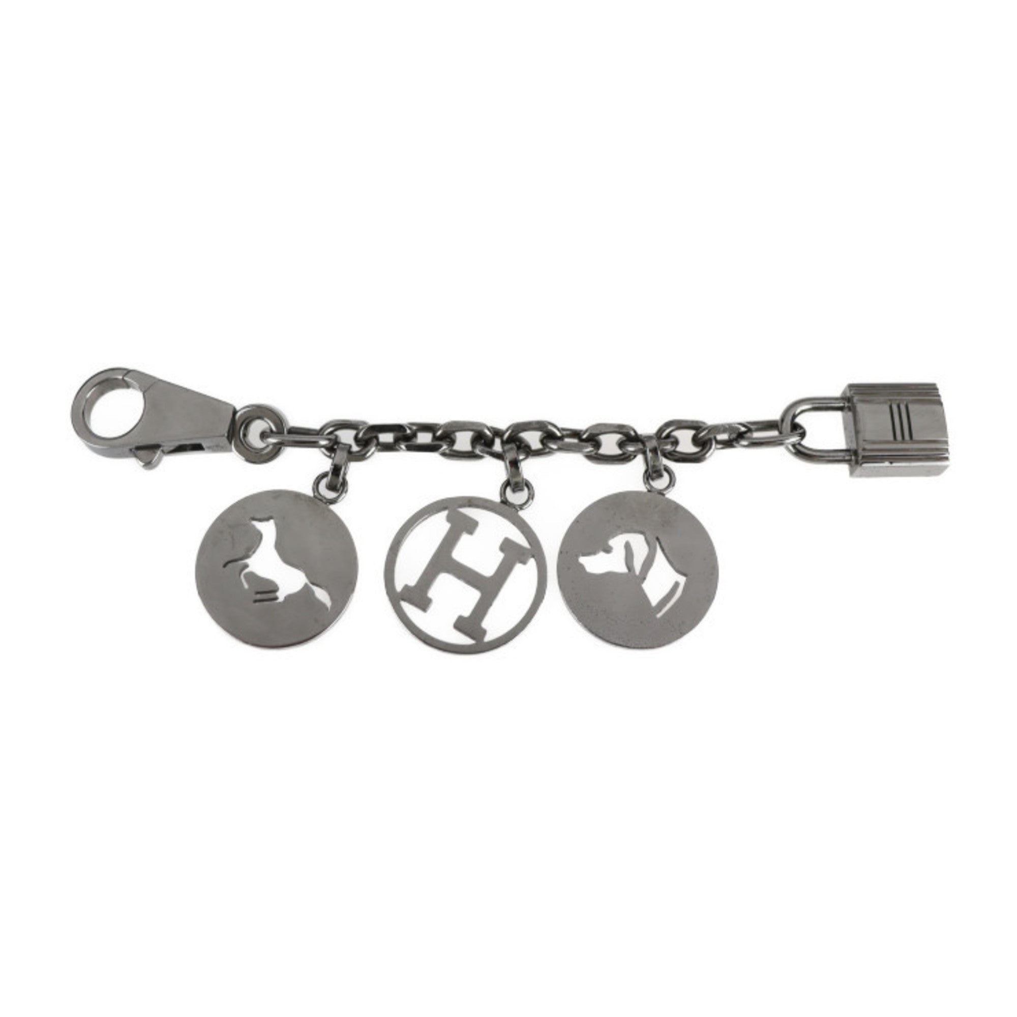 Image of HERMES Amulet 4 Bull Rock Keychain Metal Gunmetal Bag Charm Key Chain H Logo Cadena Horse Dog Silve