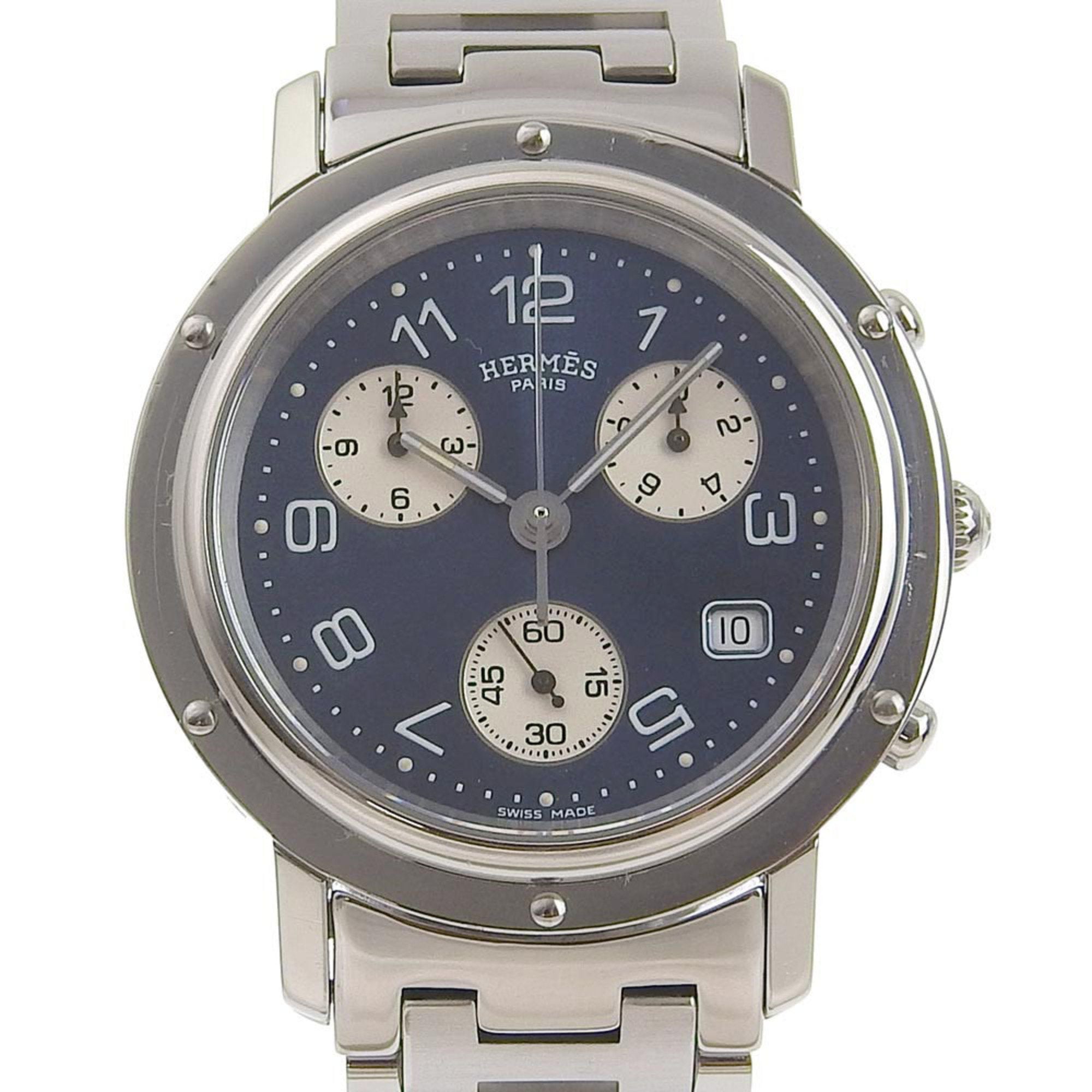 image of HERMES Clipper Watch CL1.910 Stainless Steel Swiss Made Silver Quartz Chronograph Navy Dial Men's