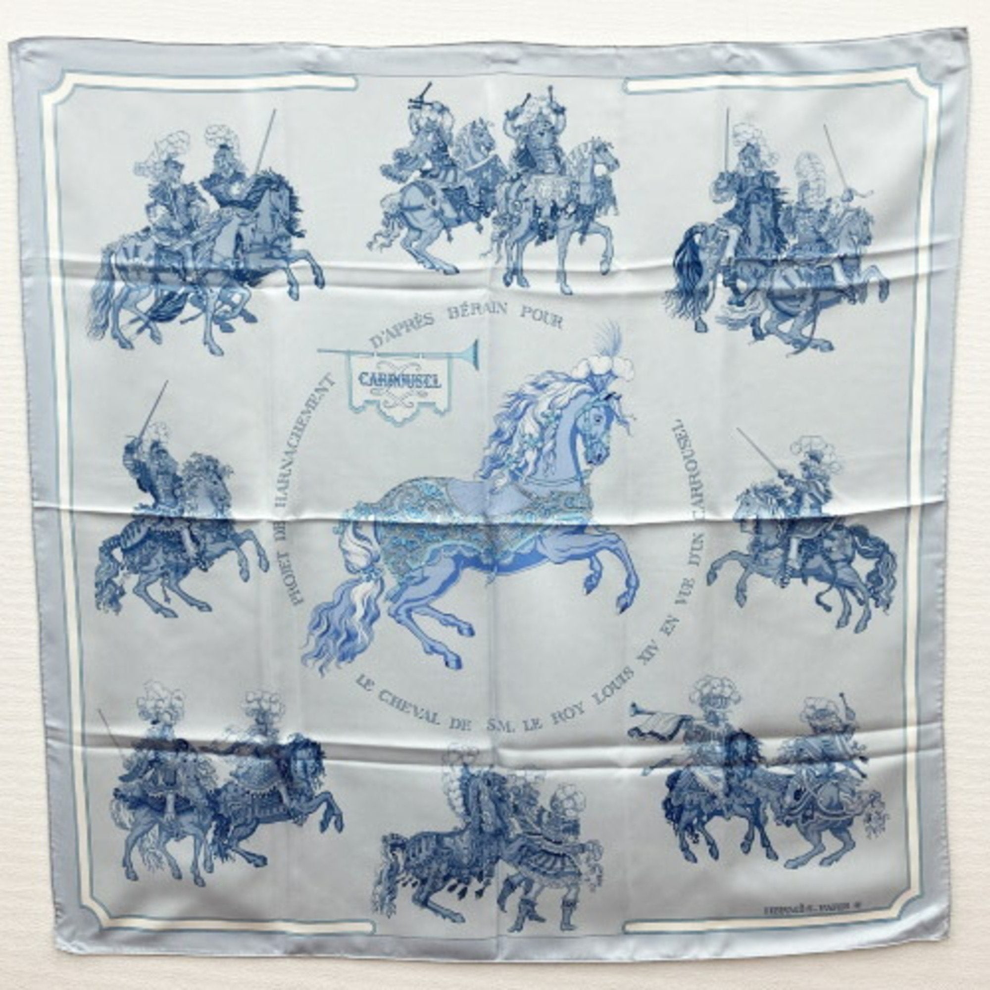 image of HERMES CARROUSEL Horse Pattern Muffler/Scarf Blue Silk Ladies Fashion IT1W4FO563O2