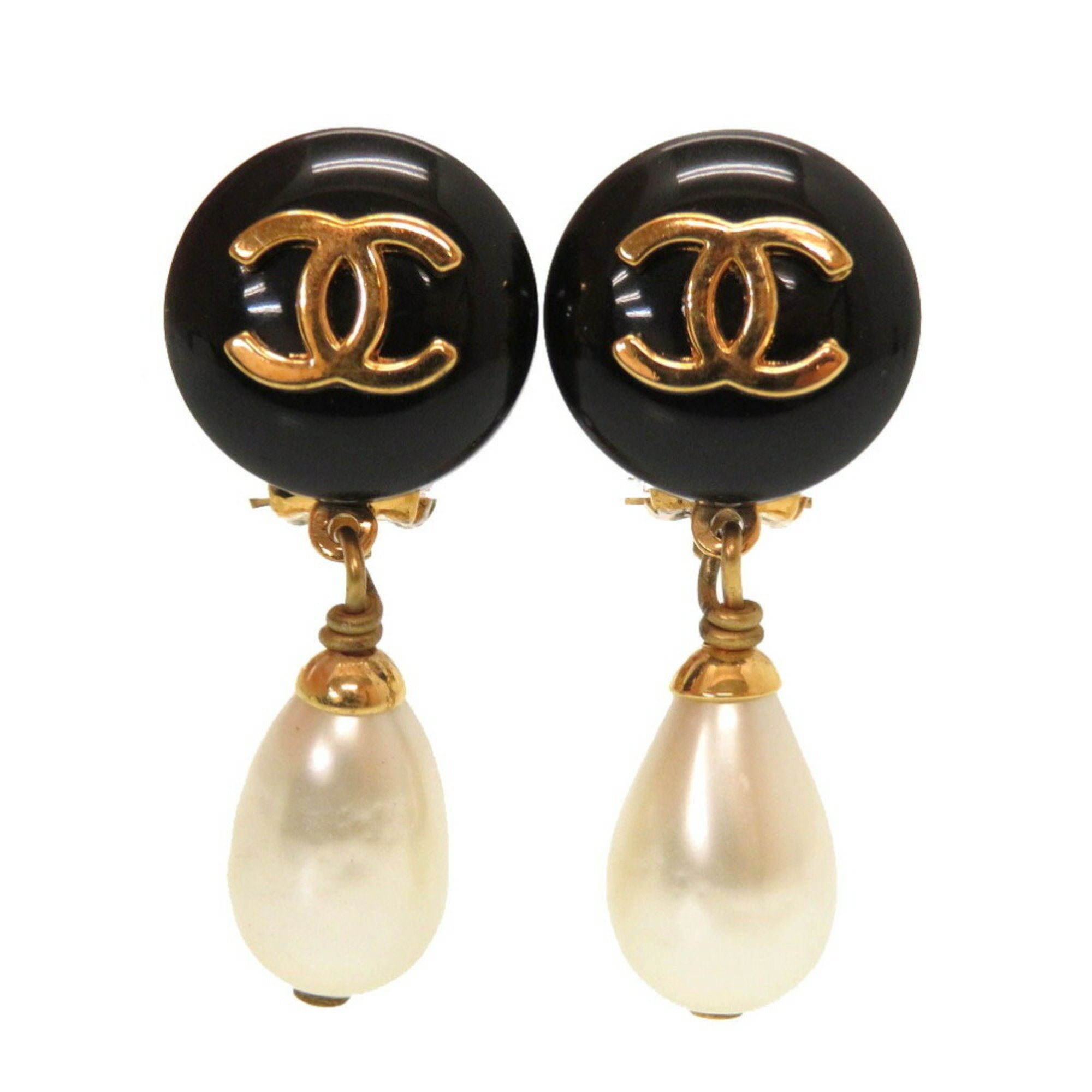 Chanel Vintage 96P Fake Pearl Plastic Black Coco Mark Gold Earrings Ac