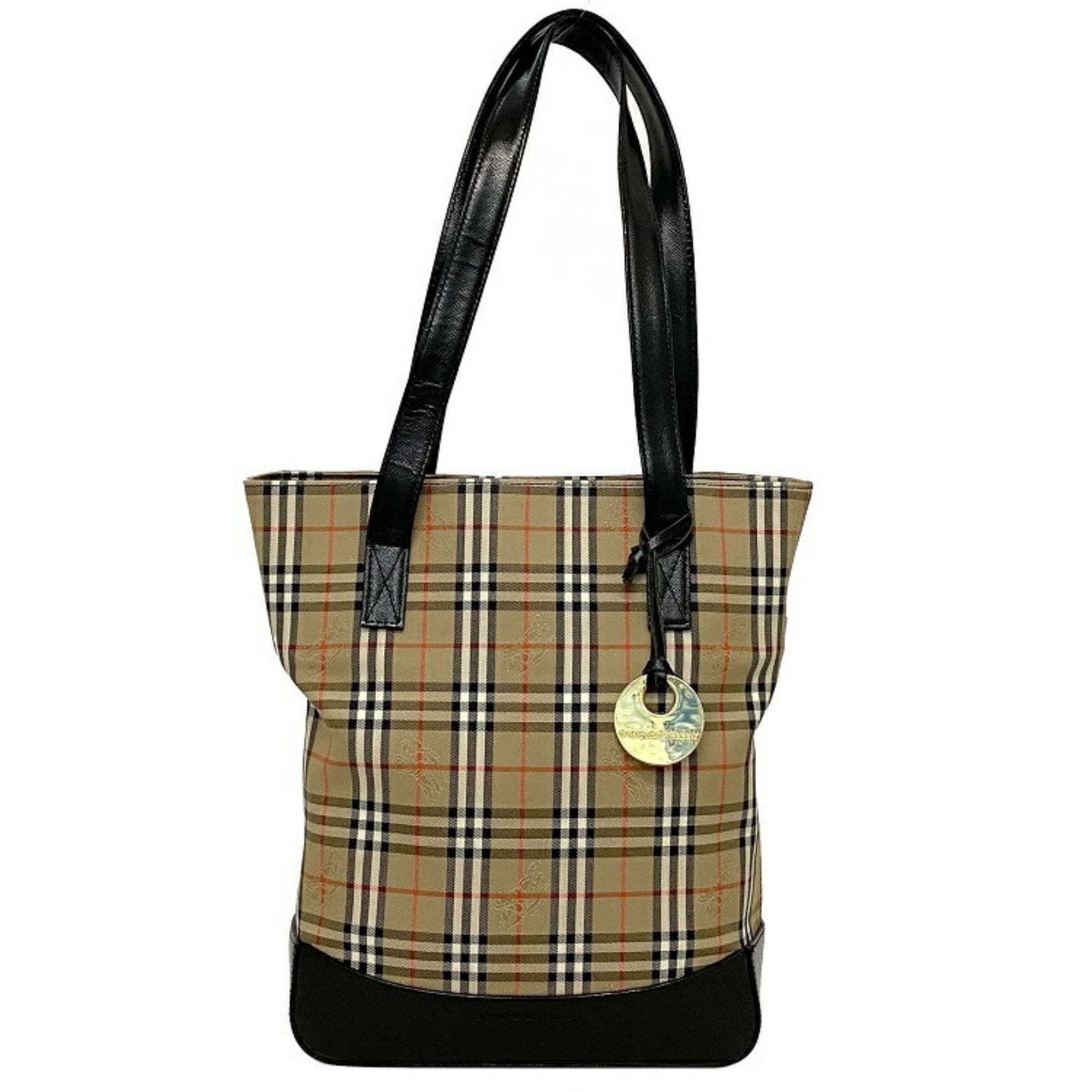 Burberry Tote Bag Beige Black Nova Check Canvas Patent Leather BURBERR