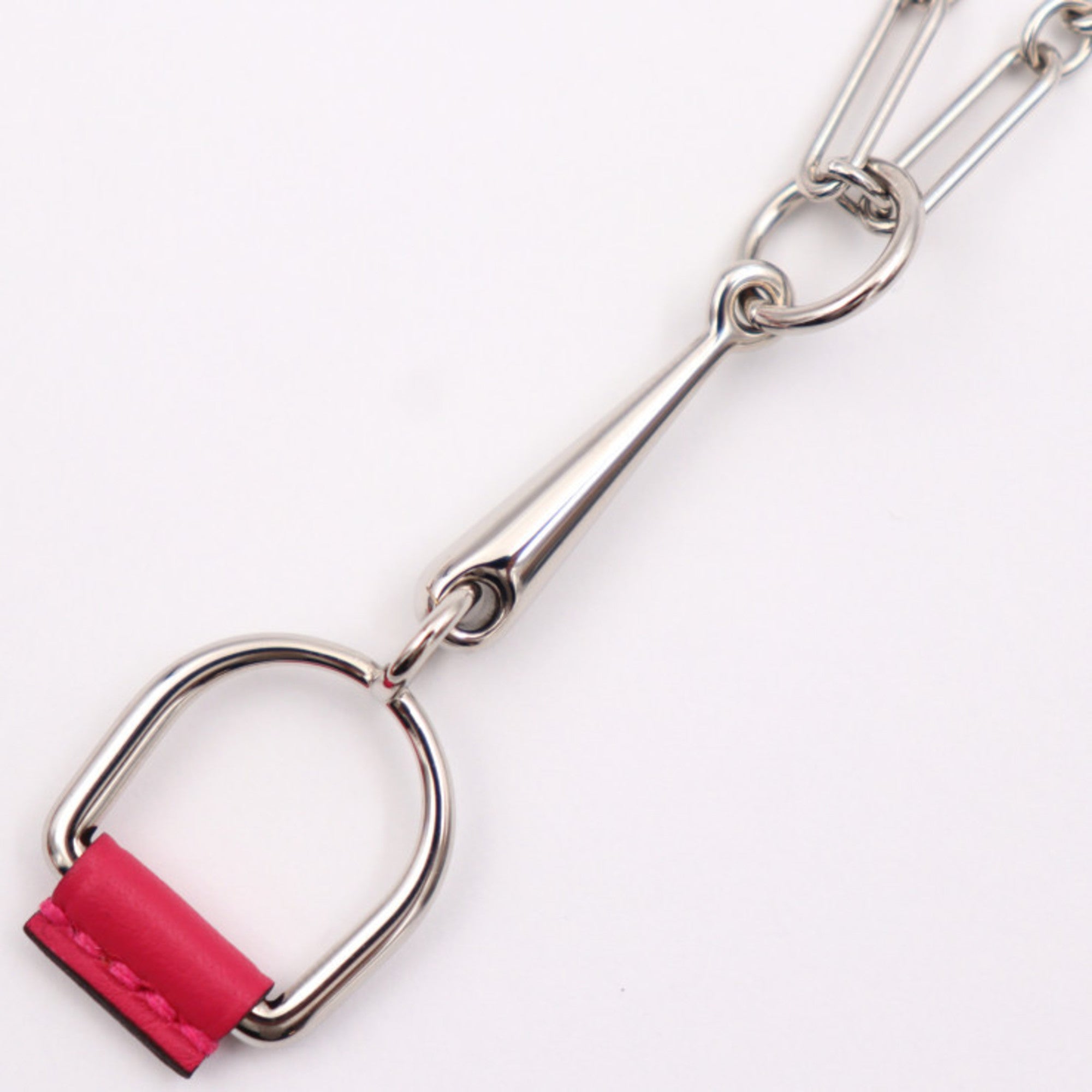 image of HERMES Equestre PM Necklace Metal Leather Silver Pink Chain Pendant