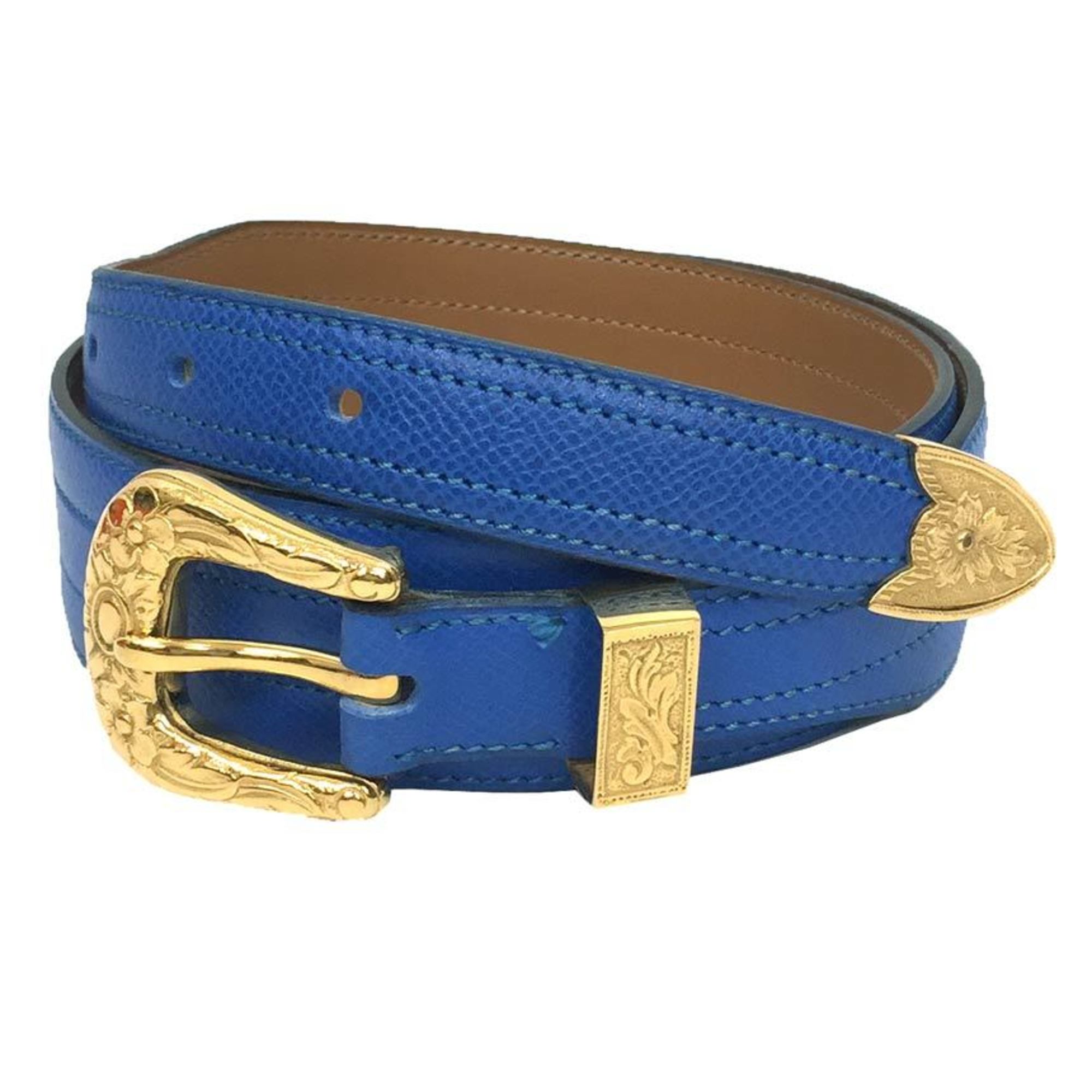 Leather Belt 75 Size Blue X Buckle 〇T Carved Aq9092