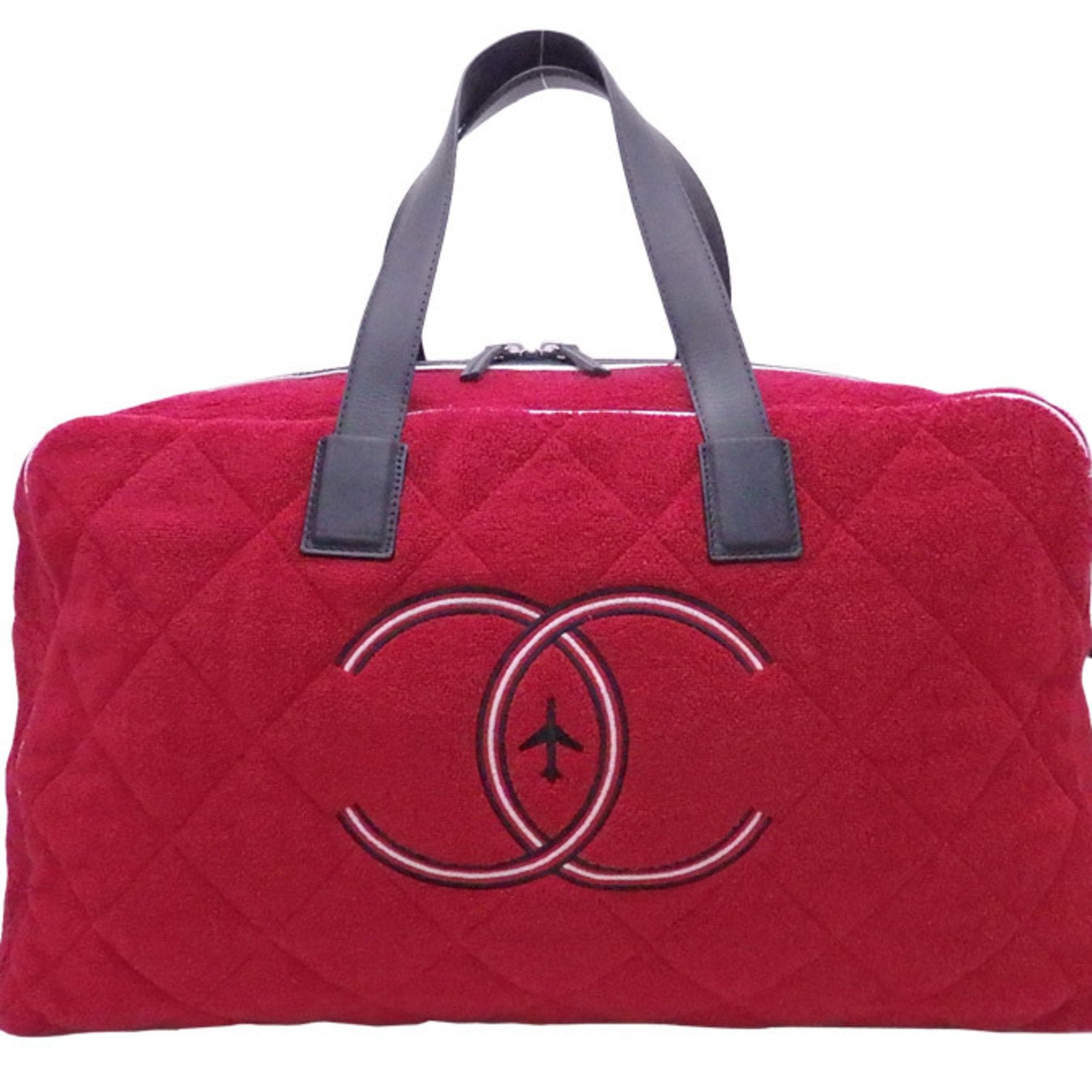 Chanel Handbag Quilted Coco Mark Red Navy Cotton Leather Boston Bag Wo