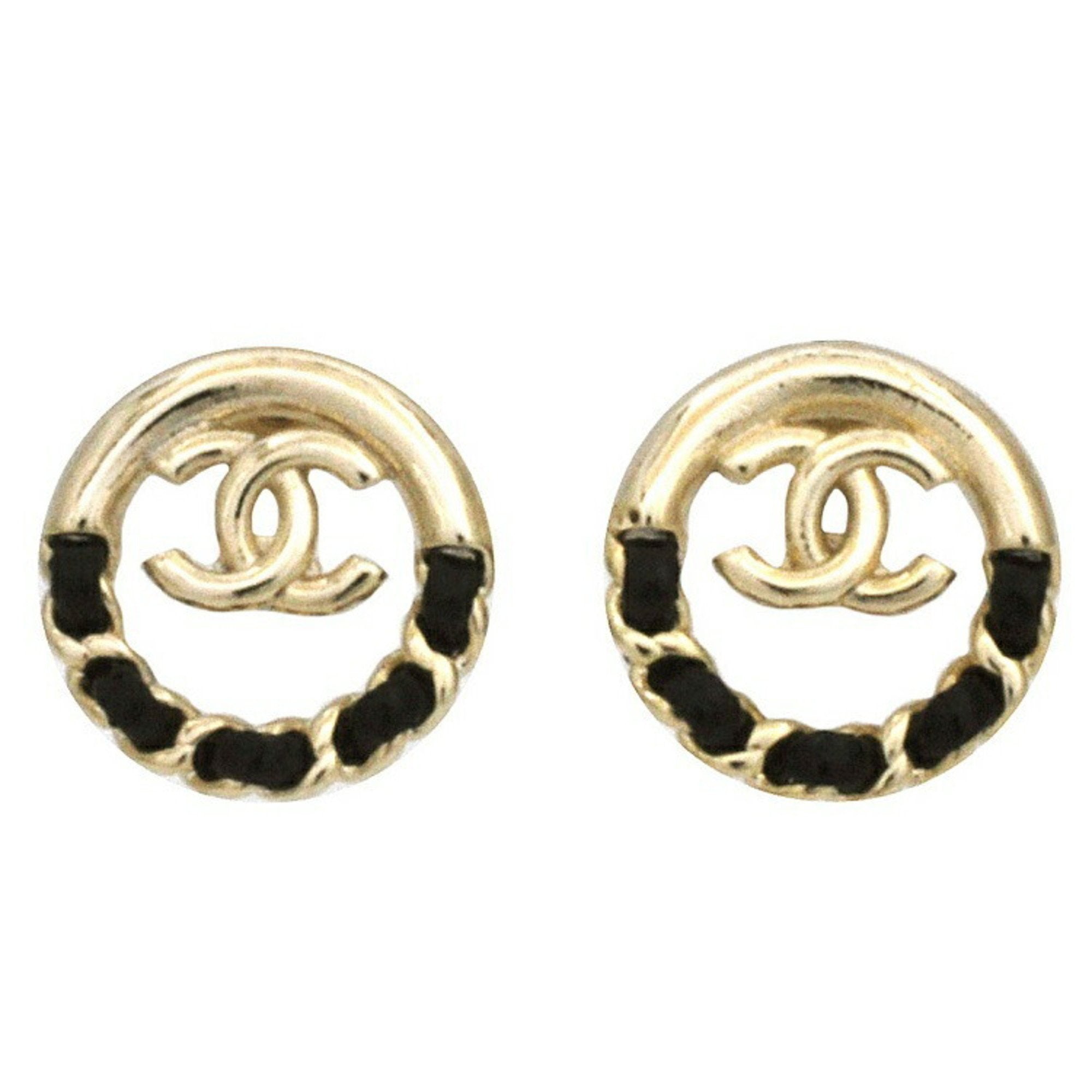 Chanel Earrings Black Gold Cocomark GP Leather 22 A CHANEL Circle Chai