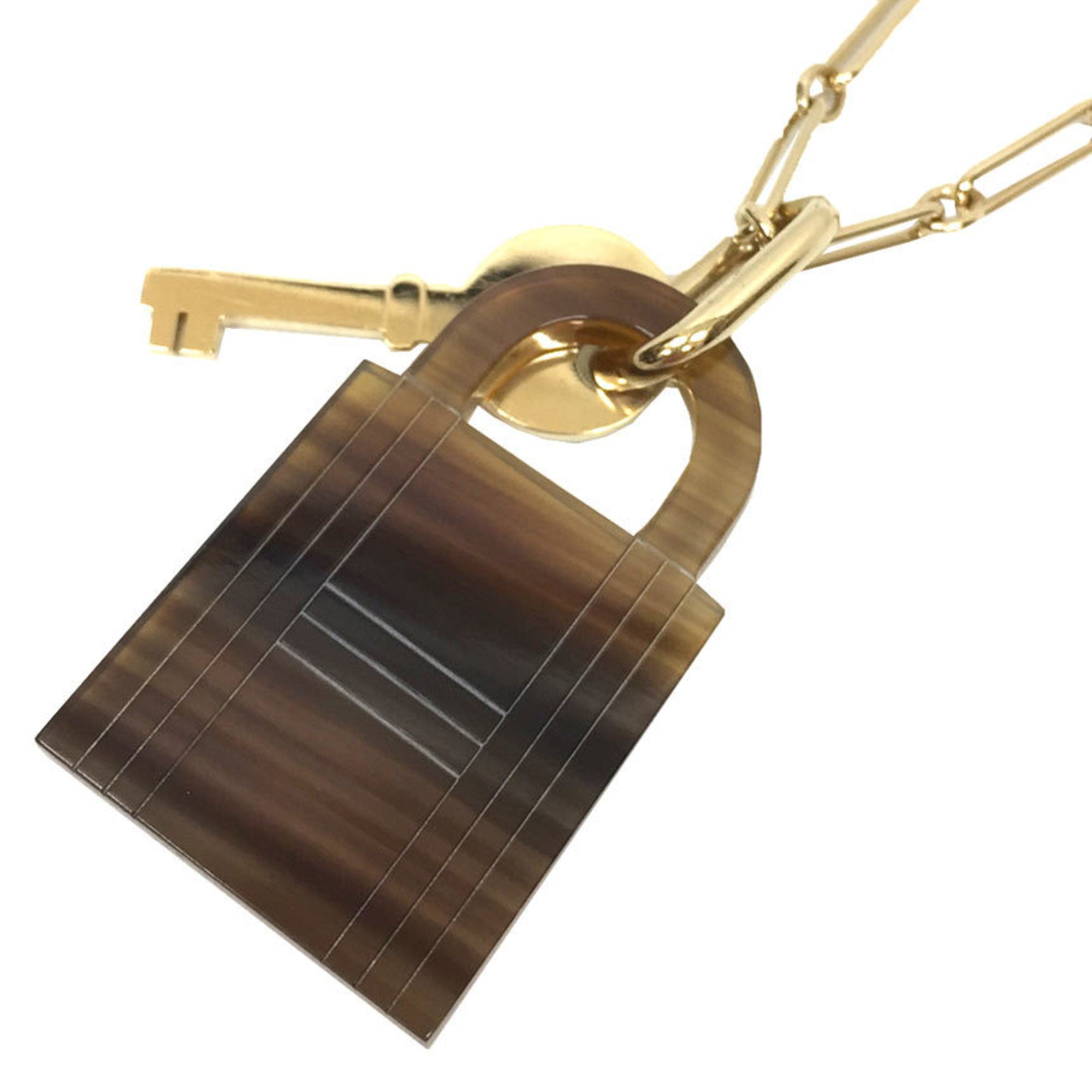 image of HERMES Curiosity Long Necklace Chain Key Cadena Buffalo Horn Gold