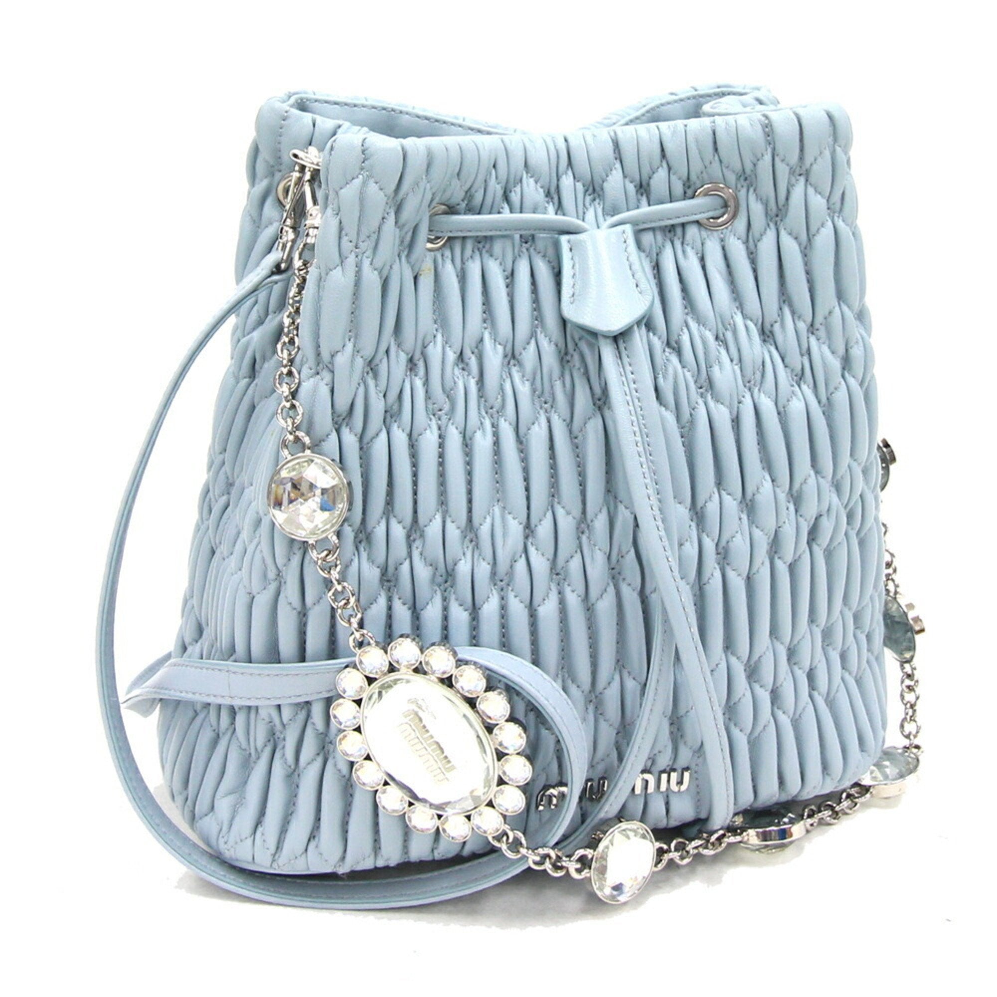 Miu Shoulder Bag Matelasse Nappa Crystal 5BE050 Light Blue Leather Gathered Bijou Bucket Women's MIUMIU