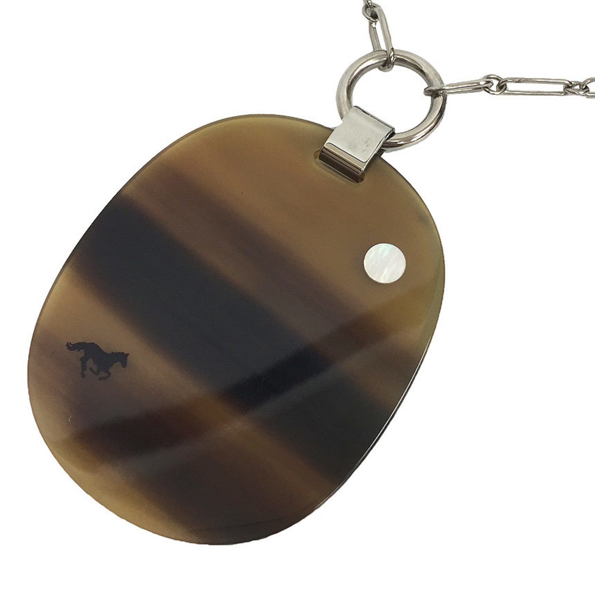 image of HERMES Buffalo Horn Necklace Pendant Horse Brown