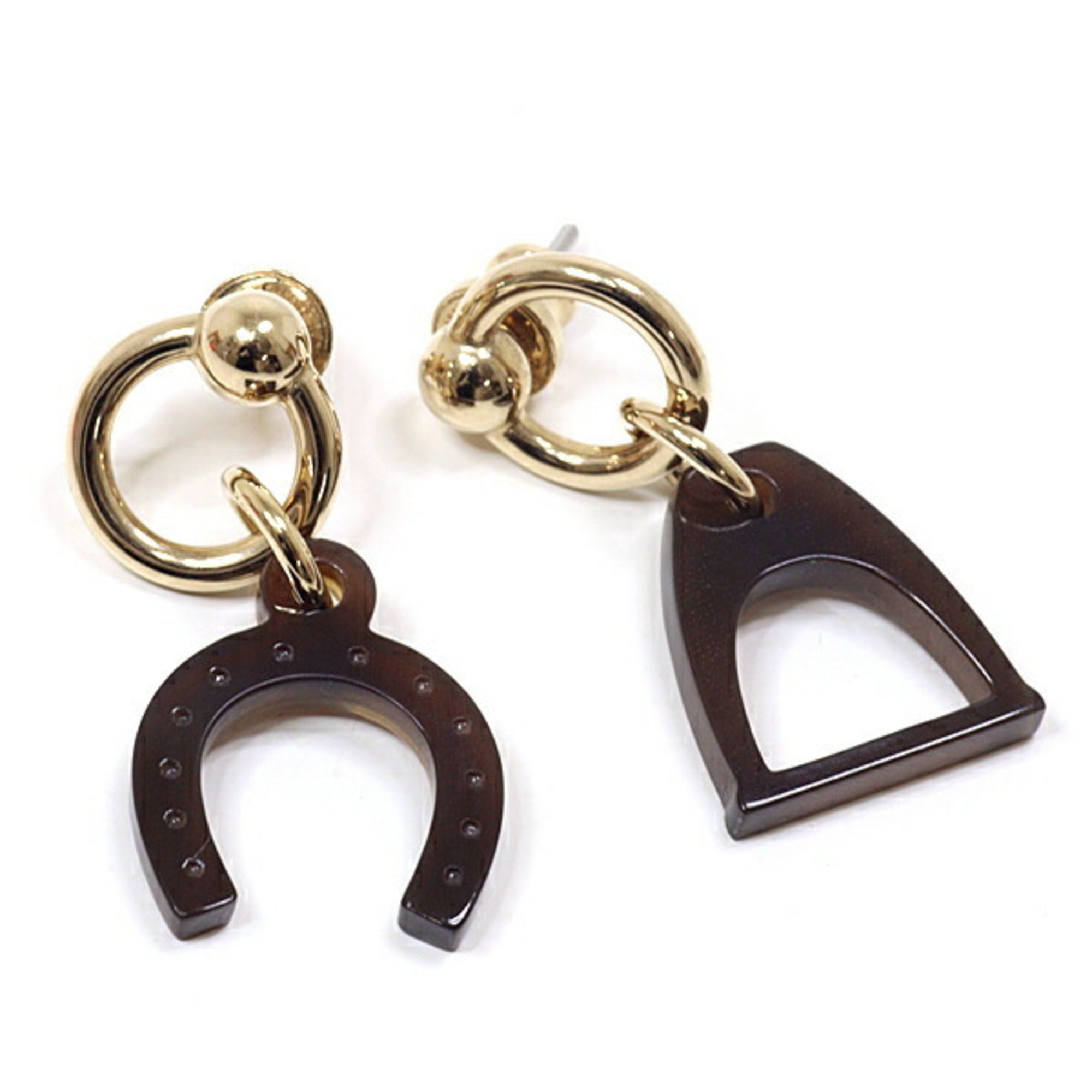 Image of HERMES Earrings Amulet Buffalo Horn Lacquer Horseshoe Stirrup Brown