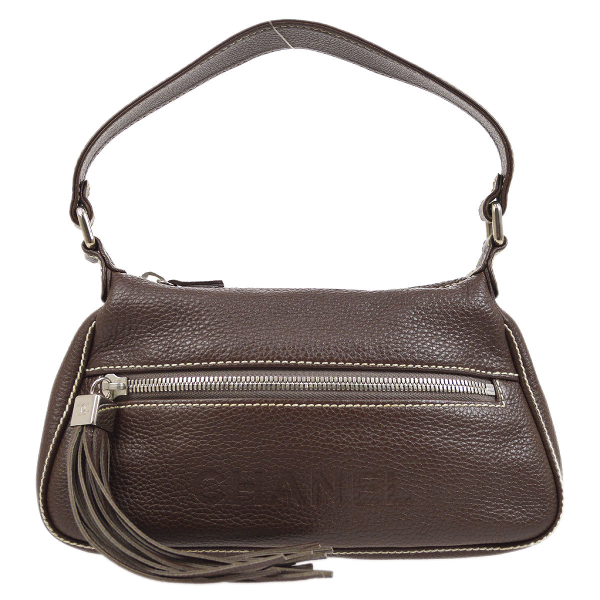 Image of CHANEL 2003-2004 Brown Caviar Embossed Logo Shoulder Bag 02280