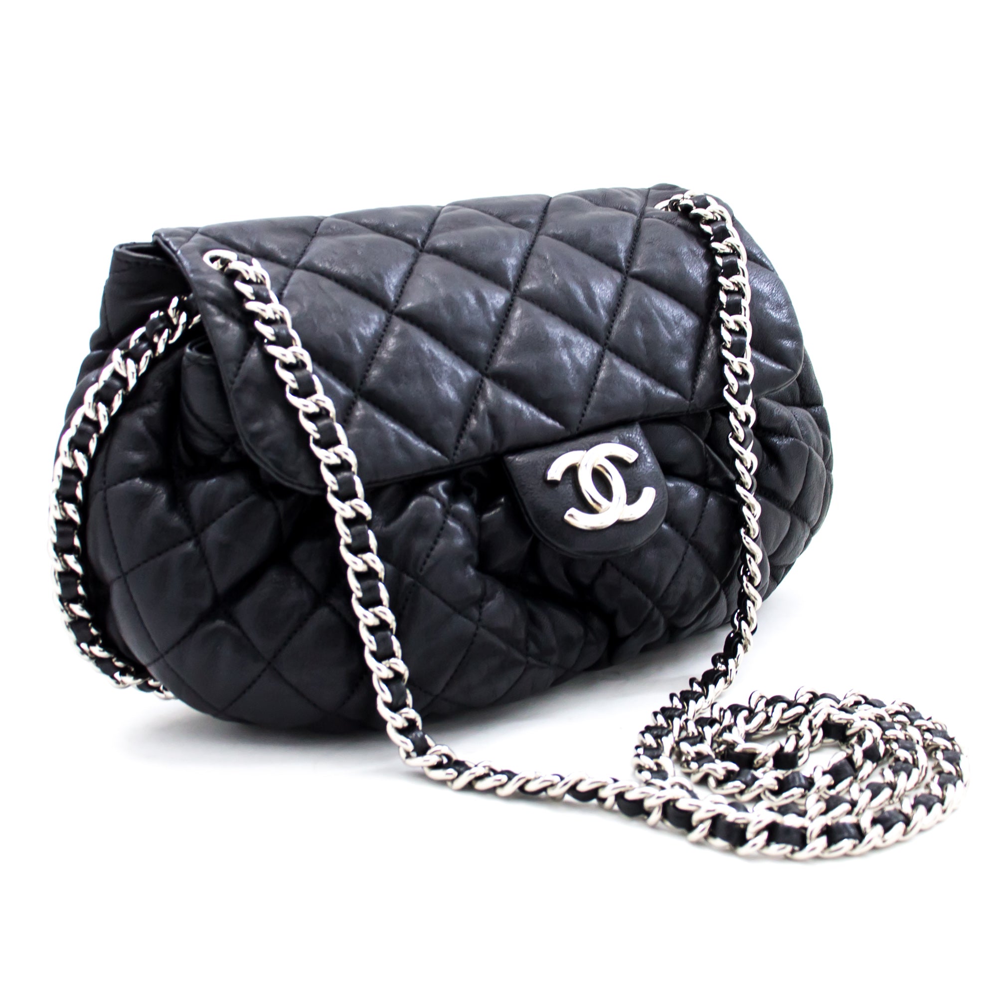 CHANEL Chain Around Shoulder Bag Crossbody Black Calfskin Leather j91   hannarishop