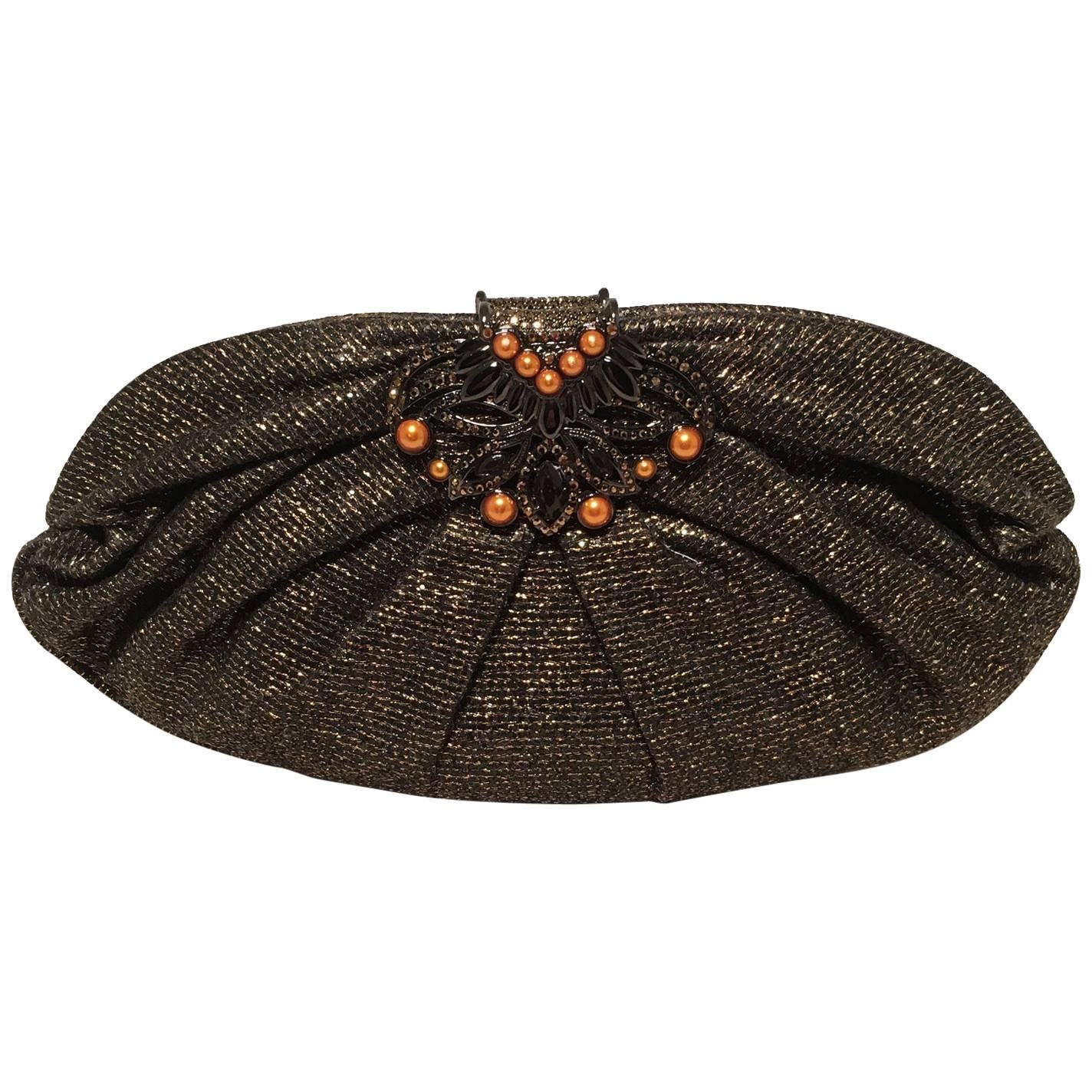 judith leiber black and gold woven pearl embellished clutch