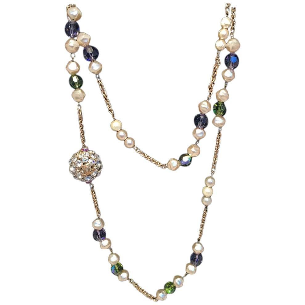 Image of CHANEL Vintage Pearl and Green and Purple Beaded Necklace with Crystal Ball