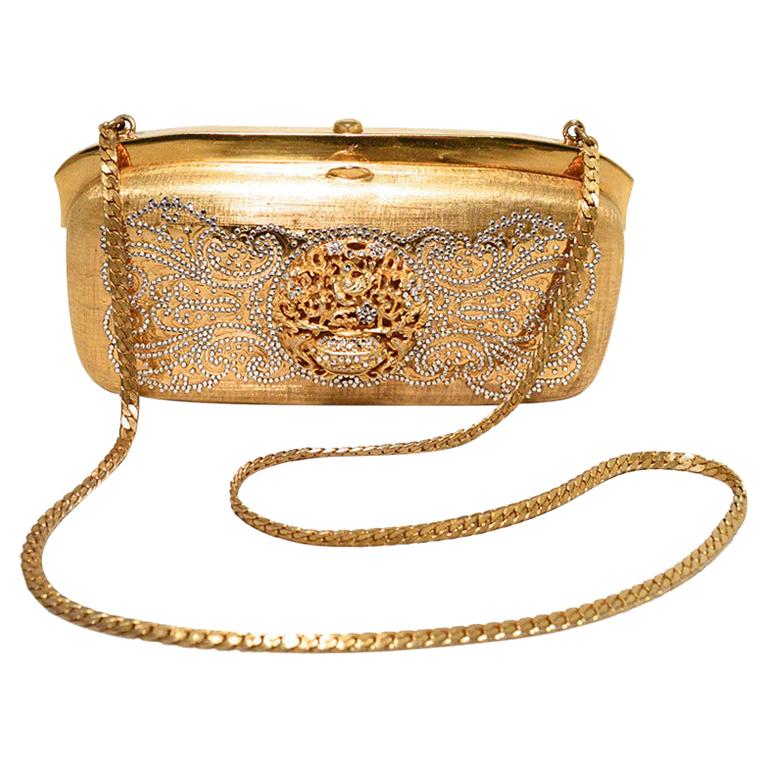 judith lieber gold filigree swarovski crystal box minaudiere evening bag clutch