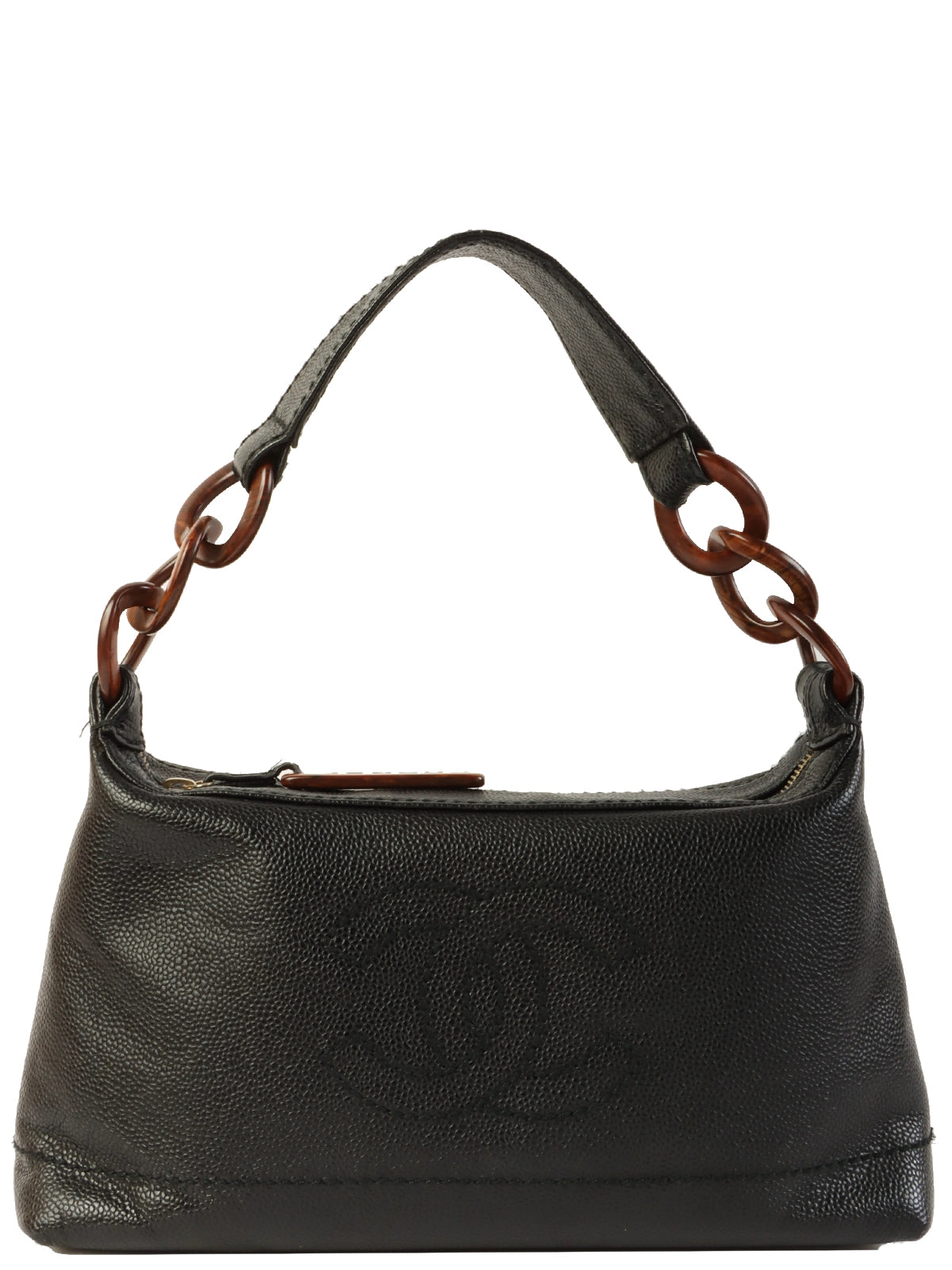 image of CHANEL Around 2002 Made Caviar Skin Cc Mark Stitch Wood Chain Top Handle Bag Black