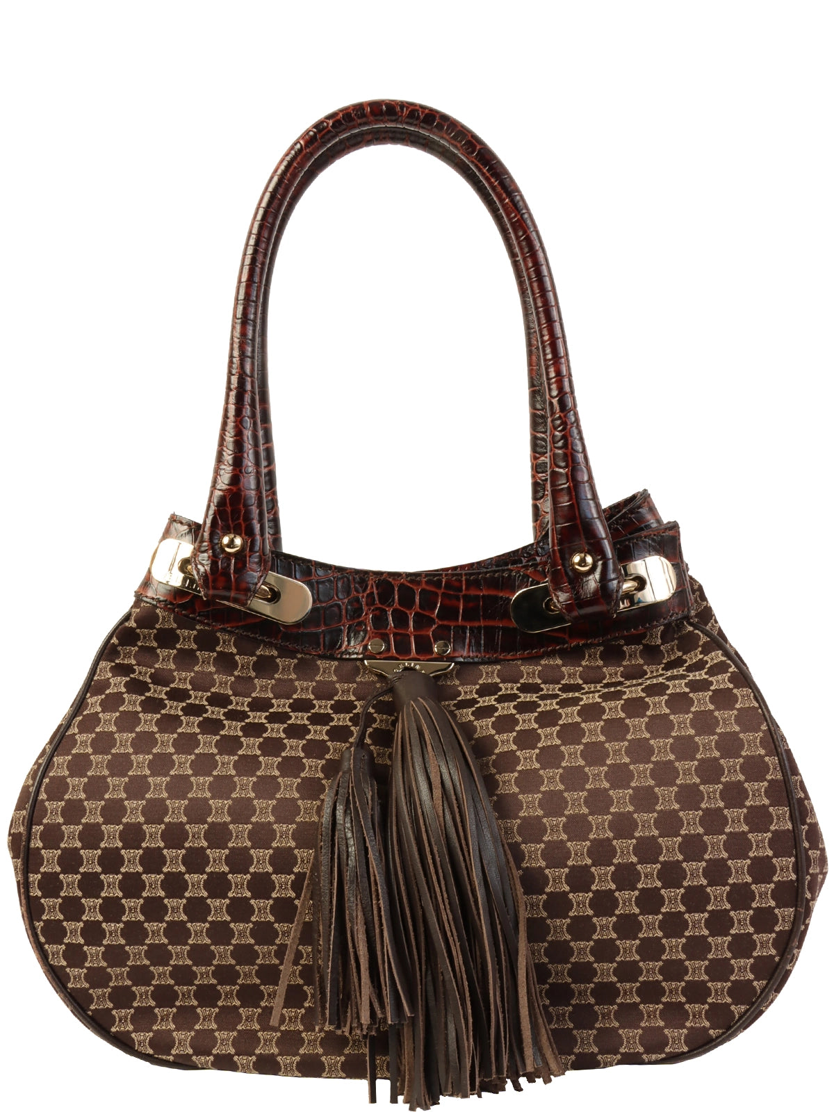 Image of CELINE Canvas Crocodile Embossed Combination Macadam Pattern Shoulder Bag Brown