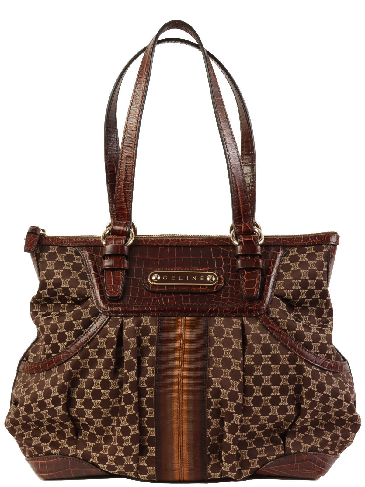 image of CELINE Canvas Macadam Pattern Crocodile Embossed Conbination Top Handle Bag Brown