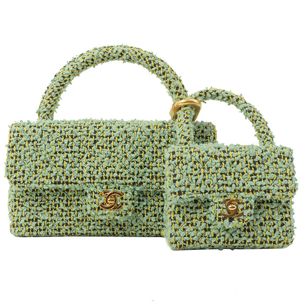 Around 1993 Made Tweed Classic Flap Top Handle Bag With Micro Bag Green