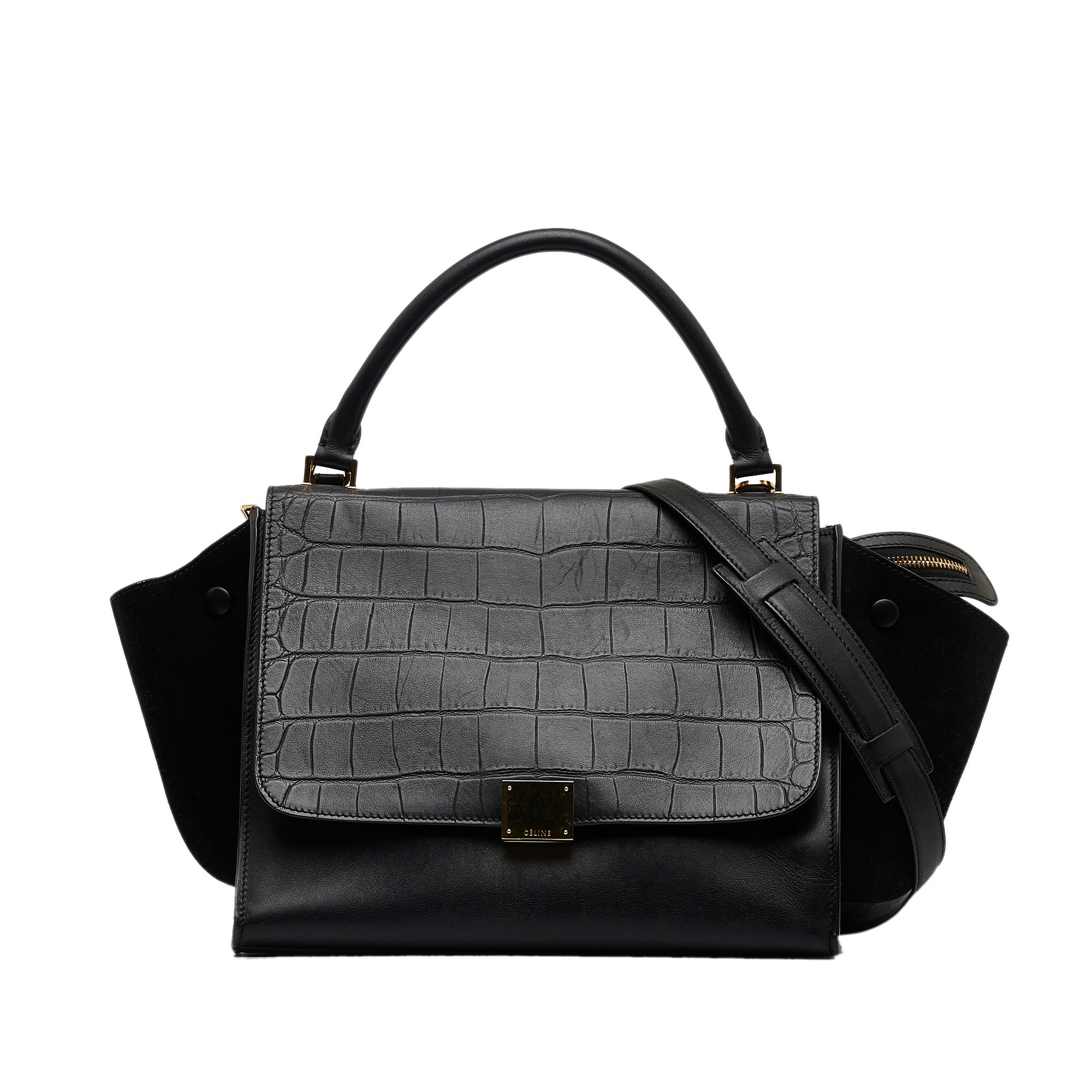 celine small croc embossed trapeze satchel