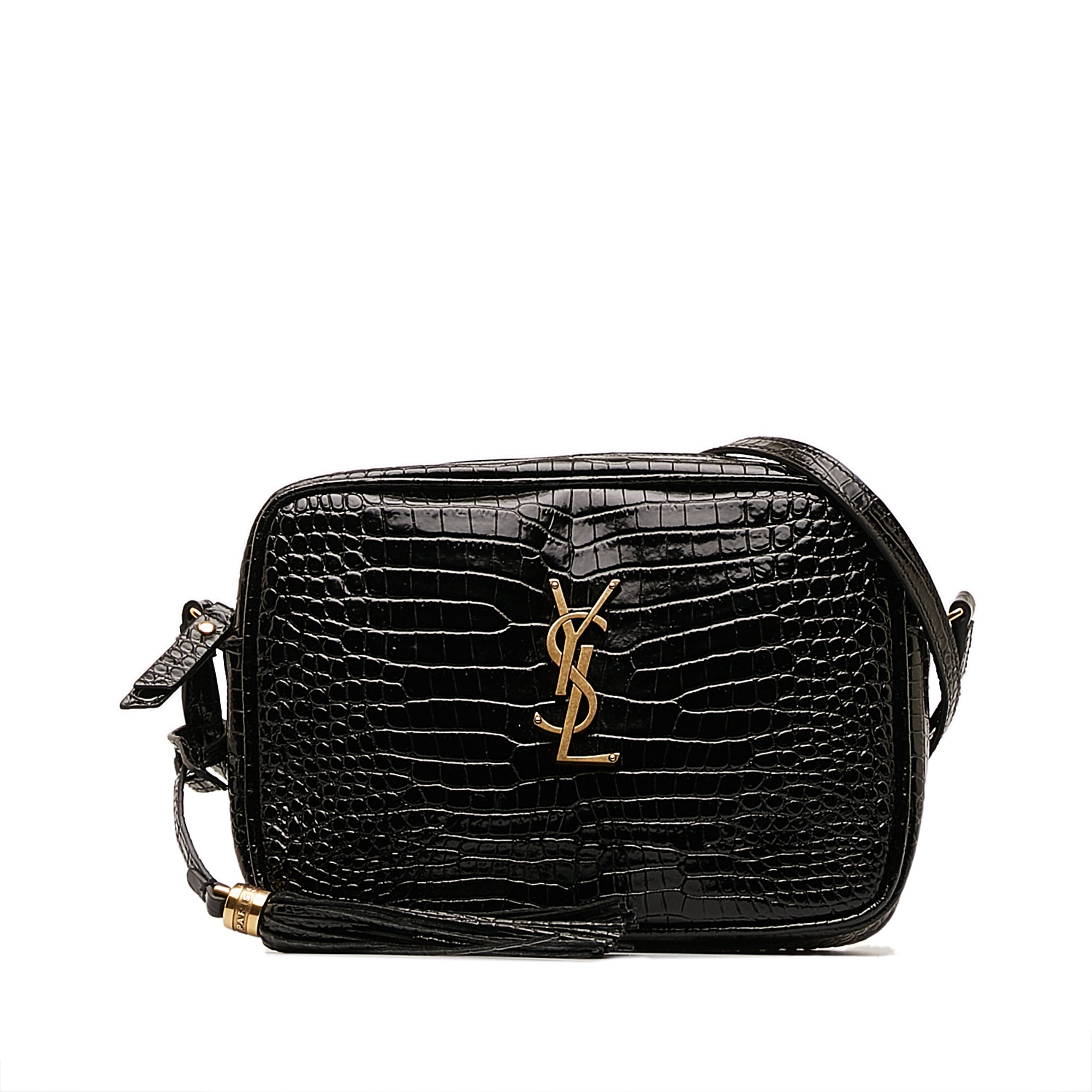 saint laurent medium croc embossed patent camera bag