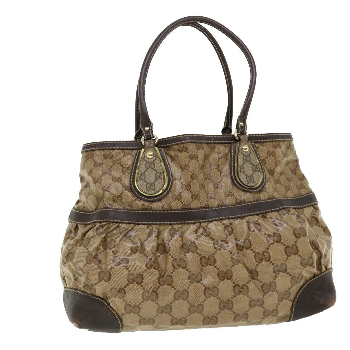 Image of GUCCI GG Canvas Tote Bag Coated Canvas Beige Dark Brown Auth am3623