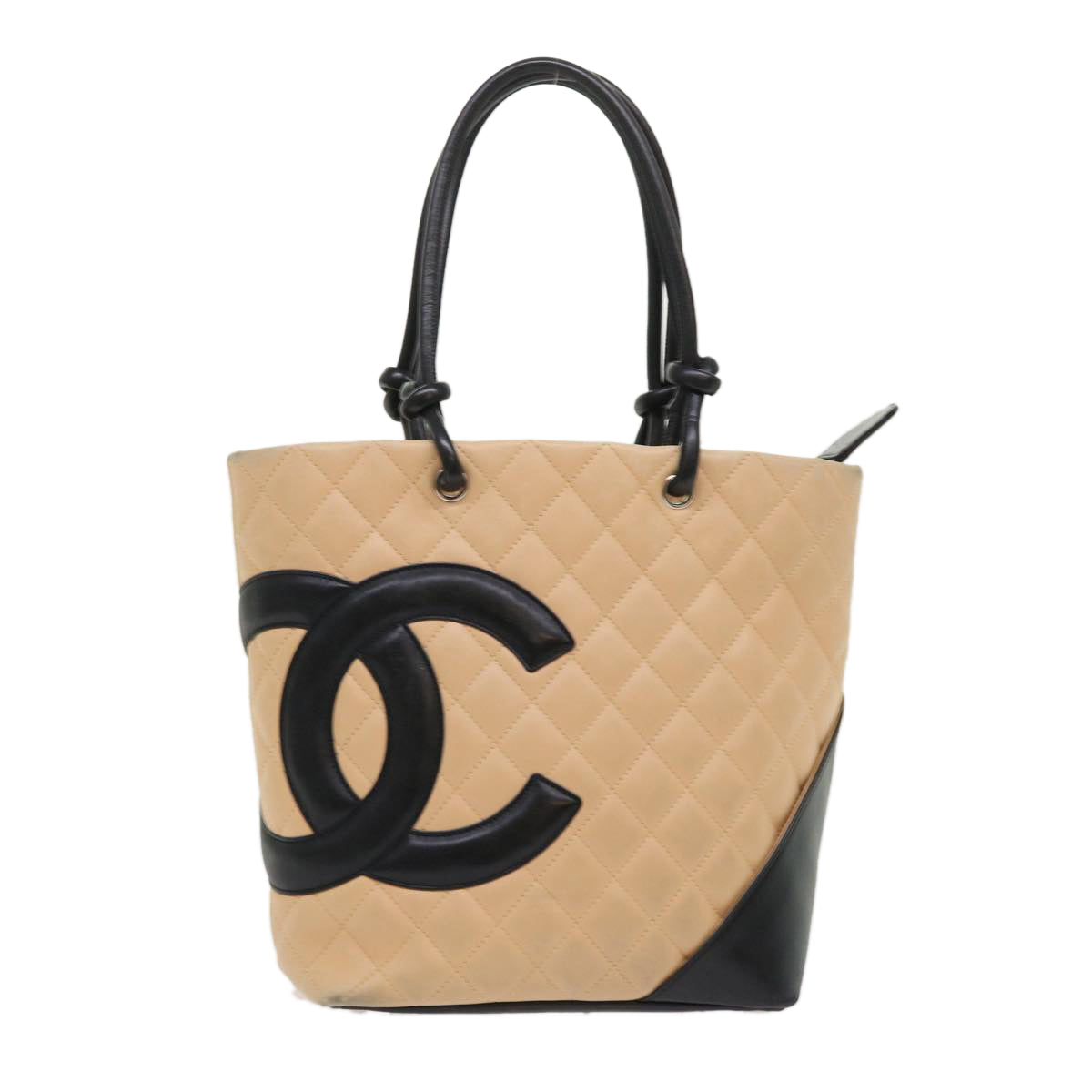 image of CHANEL Cambon Line Tote Bag Leather Beige CC Auth am4685