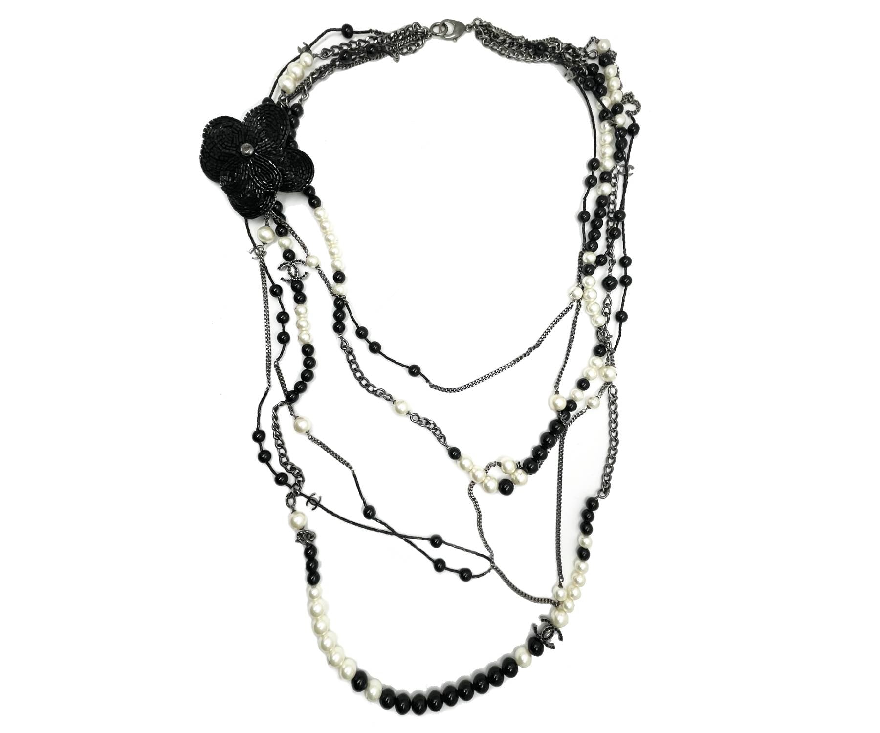 image of CHANEL Black CC Beaded Flower Pin Black Bead Pearl 5 Strand Necklace