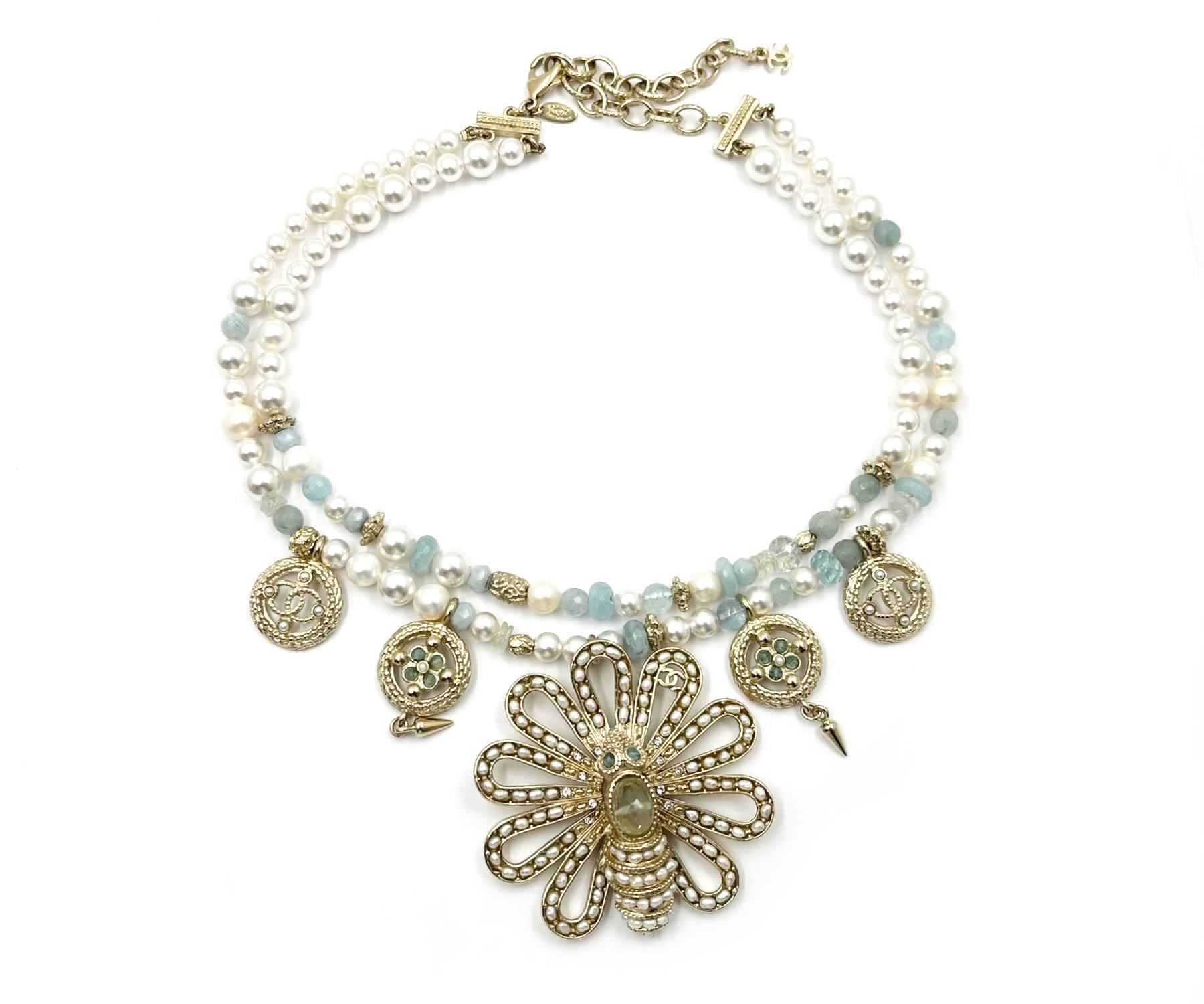 Image of CHANEL Gold Bee Seed Pearl Pendants 2 Strand Aquamarine Pearl Necklace