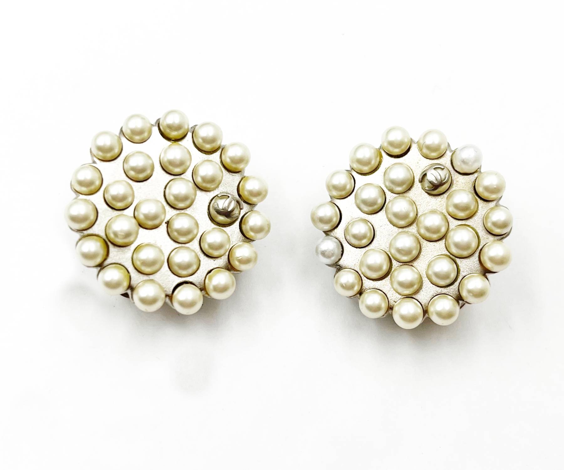 image of CHANEL Vintage Rare Light Gold CC Faux Pearl Round Clip on Earrings