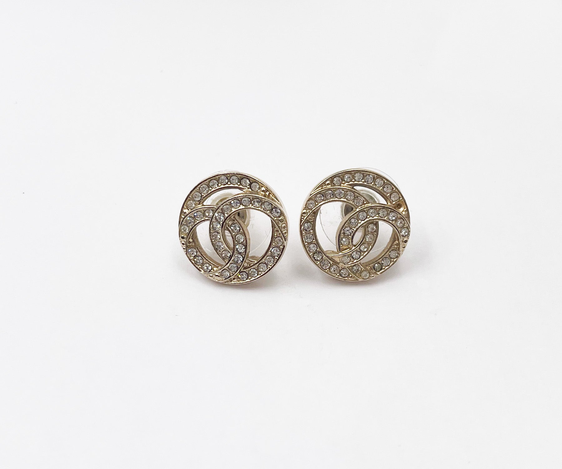 image of CHANEL Gold CC Round Crystal Piercing Earrings