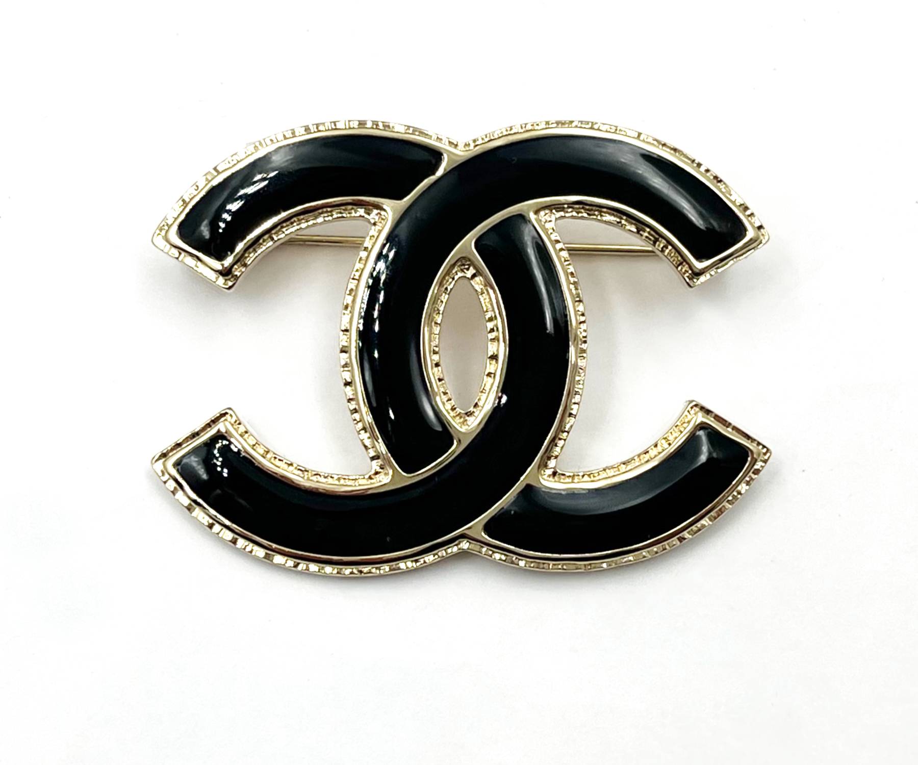 Image of CHANEL Brand New Classic Gold CC Frame Black Brooch