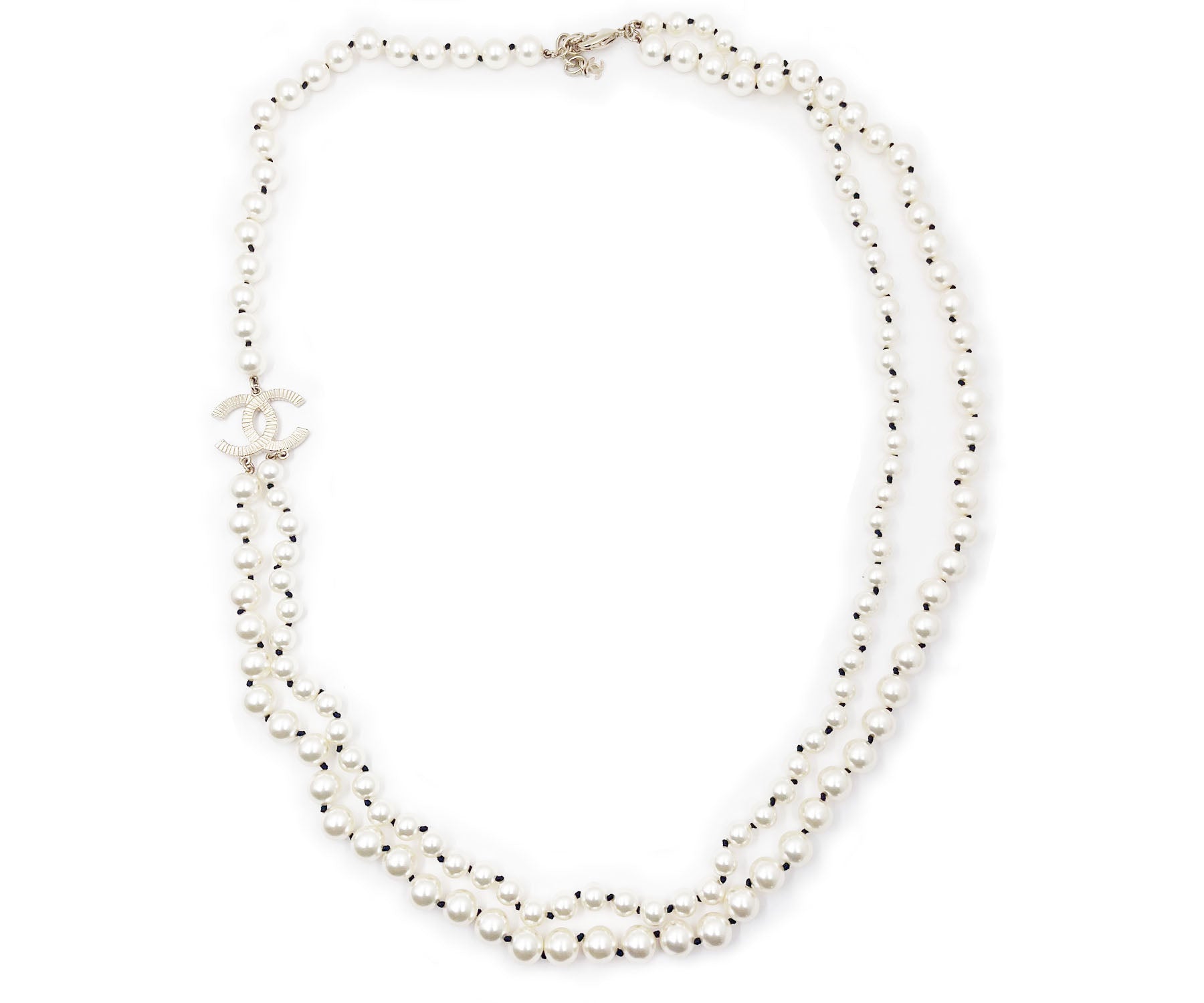 Image of CHANEL Gold Scratchy CC 2 Strand Pearl Black Knot Necklace