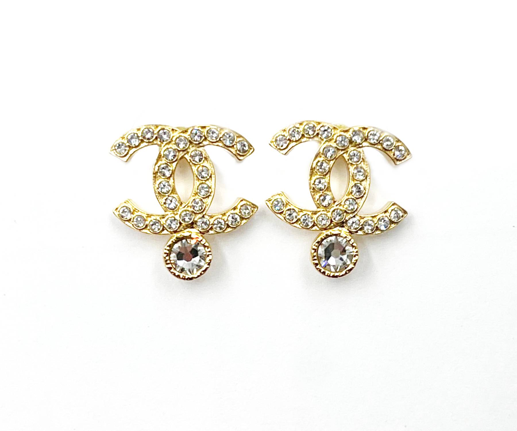 Image of CHANEL Brand New Gold CC Crystal Bottom Crystal Piercing Earrings