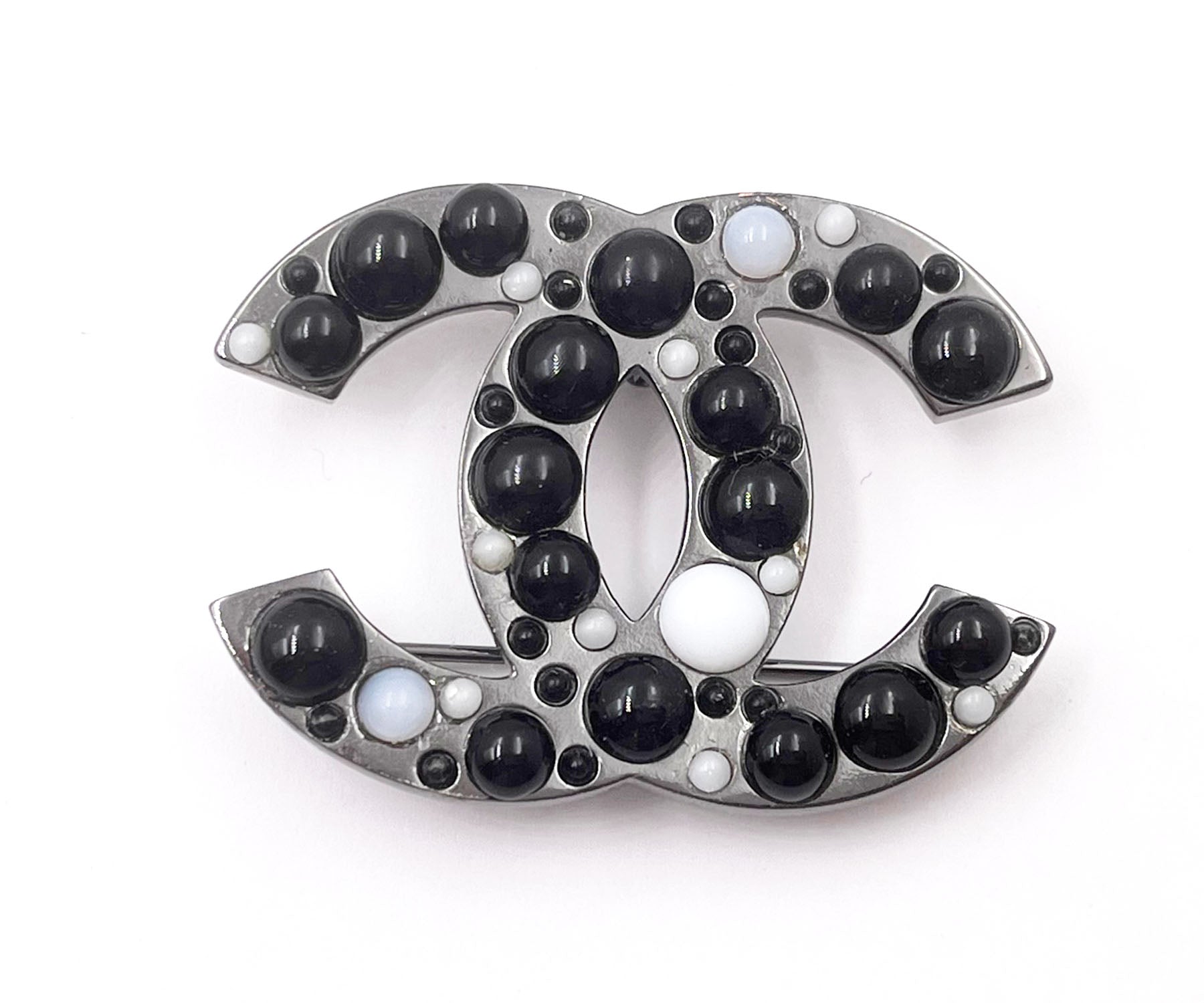 image of CHANEL Gunmetal CC Black White Bead Brooch