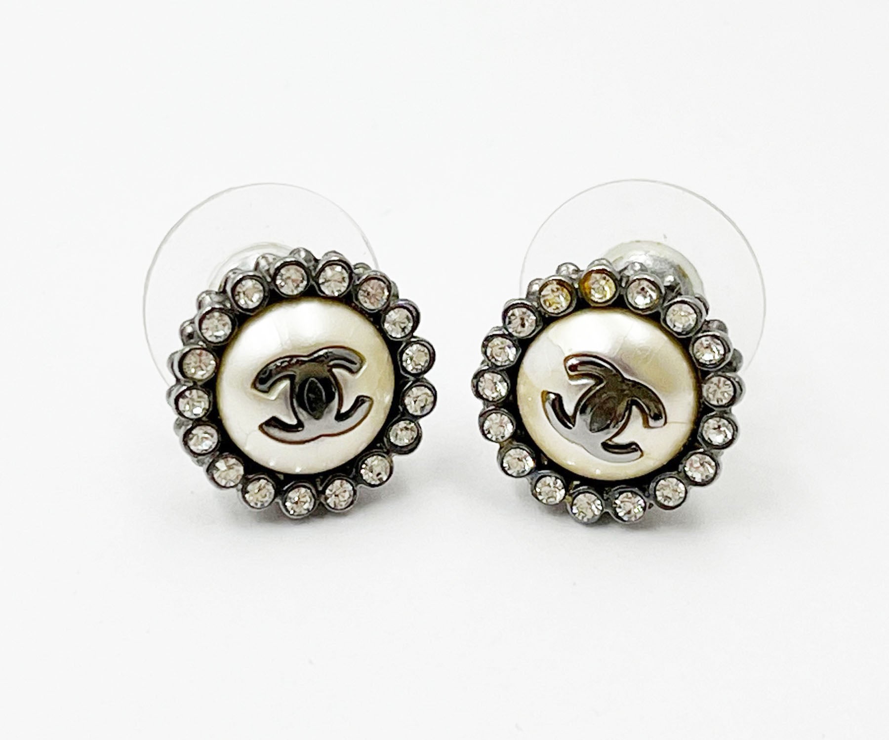 image of CHANEL Gunmetal CC Round Crystal Small Piercing Earrings