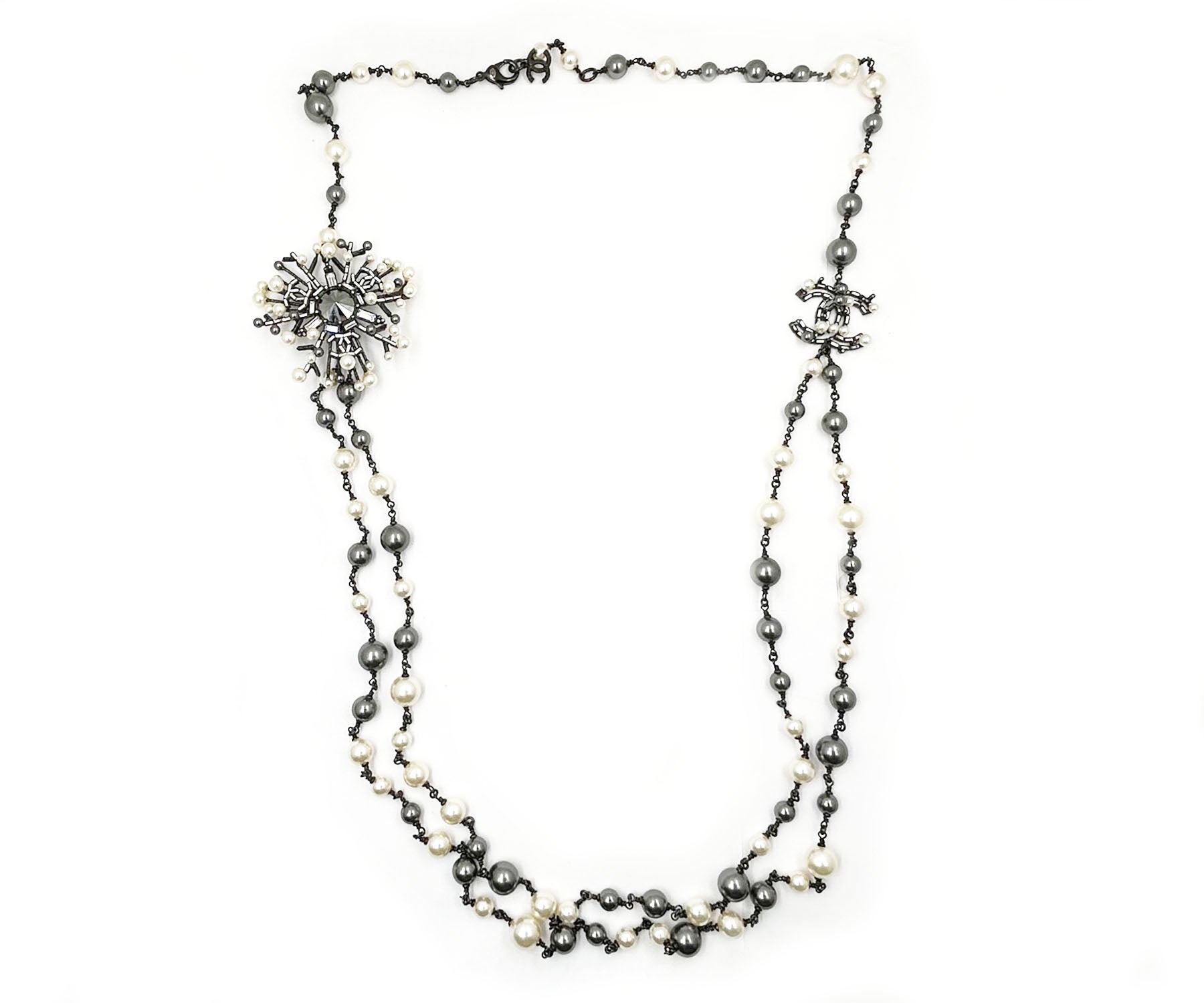 image of CHANEL Gunmetal CC Snowflake Baguette Crystal 2 Strand Pearl Long Necklace