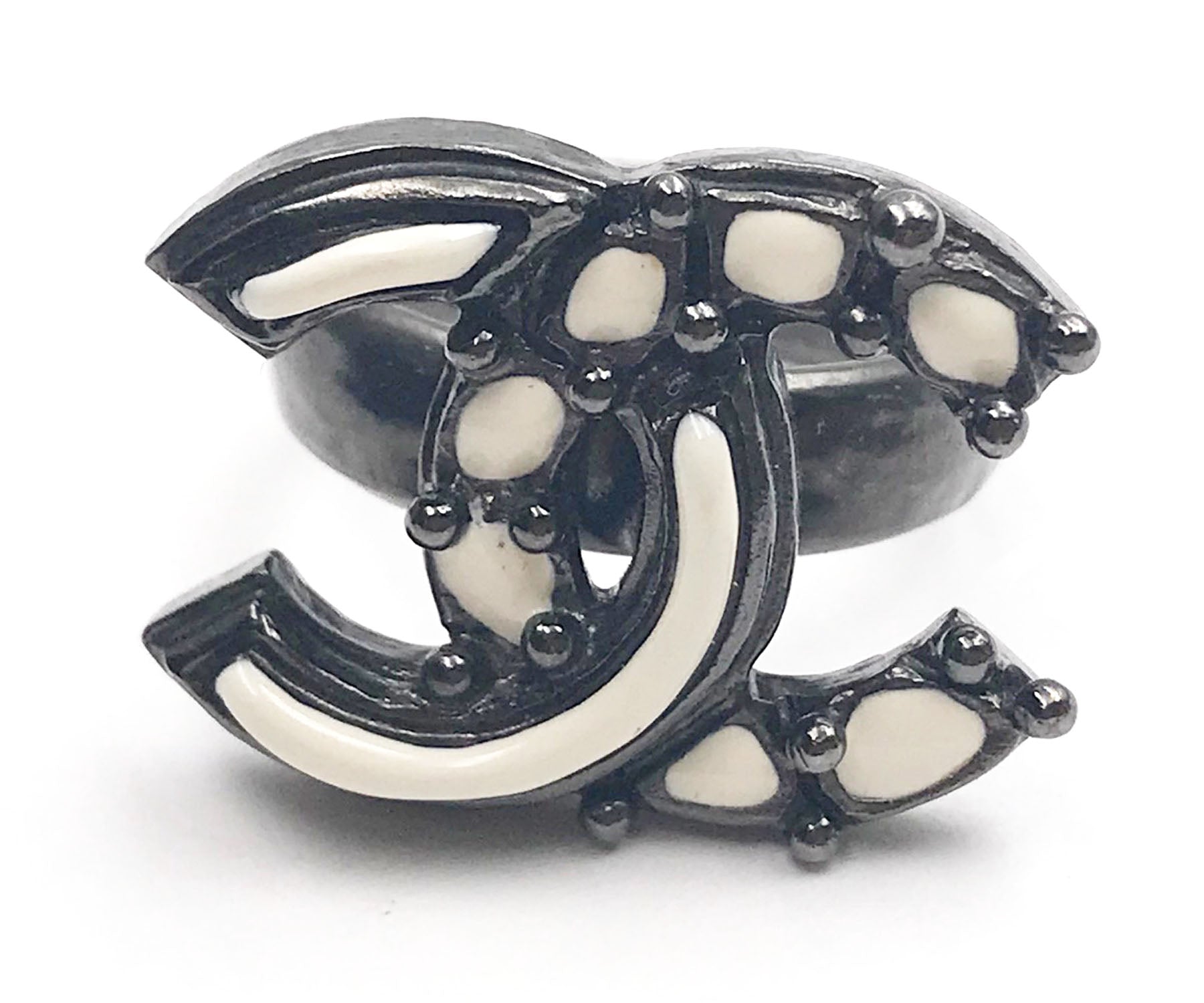 image of CHANEL Off White Pop up Enamel Gunmetal CC Ring