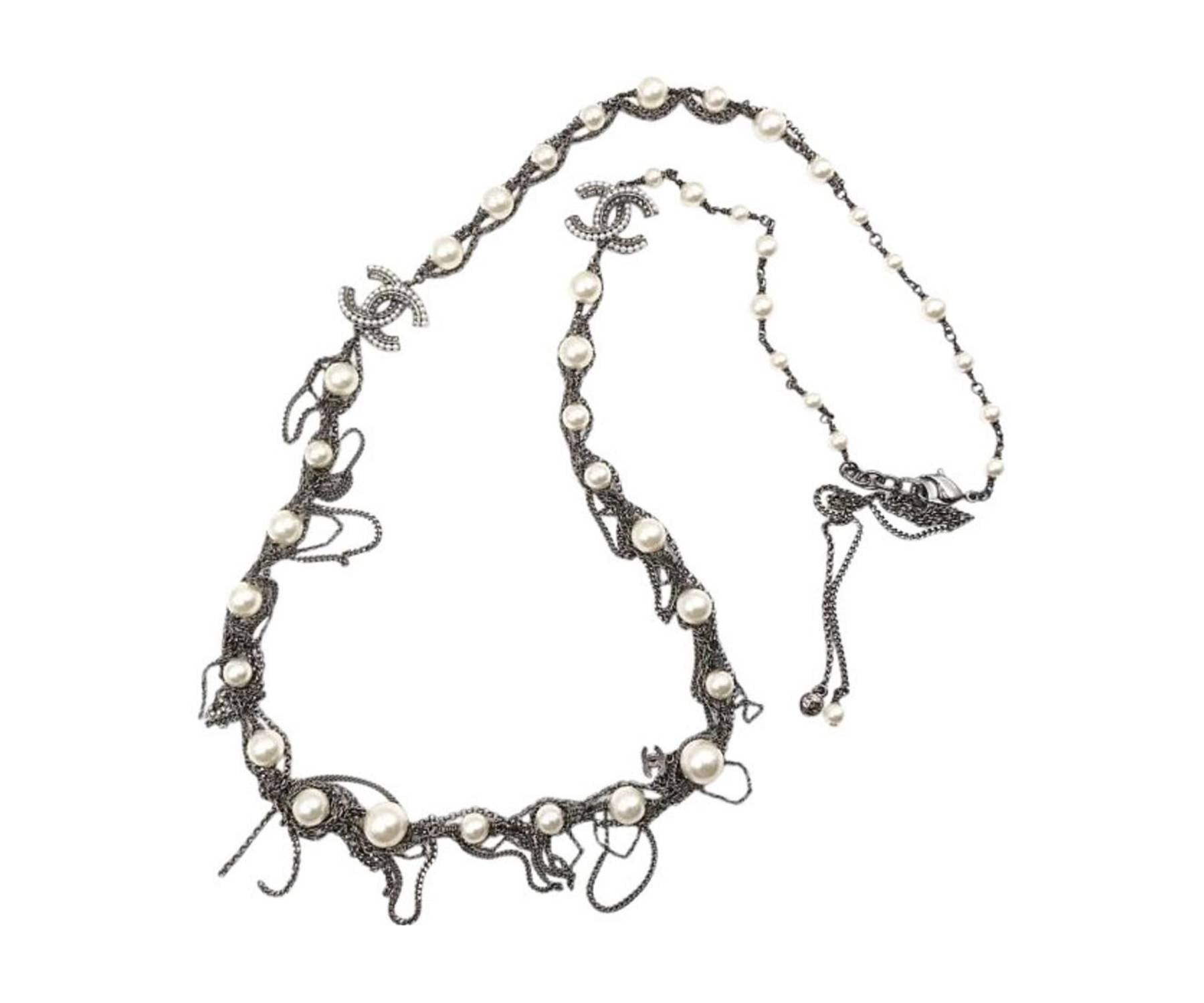 image of CHANEL Gunmetal Pearl Dangling Chain Long Necklace