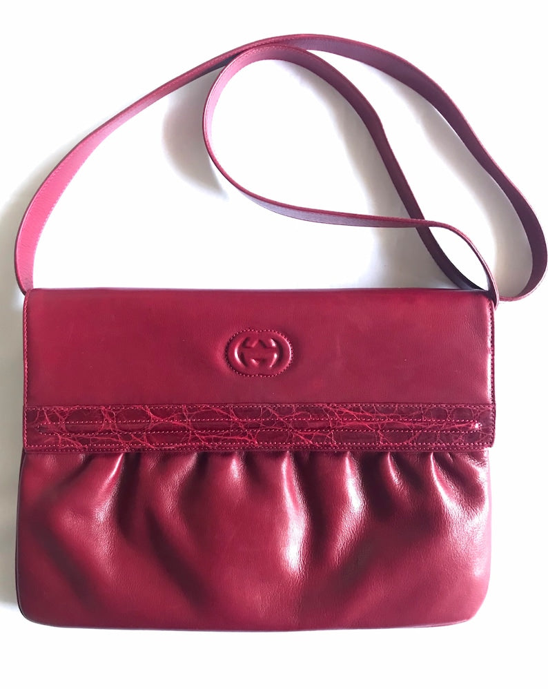 gucci vintage wine red shoulder bag with gg engraved flap and croc flap