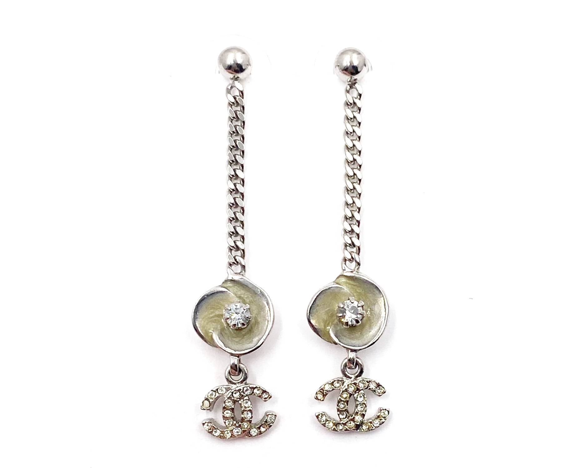 image of CHANEL Ivory Enamel Camellia CC Crystal Chain Dangle Piercing Earrings