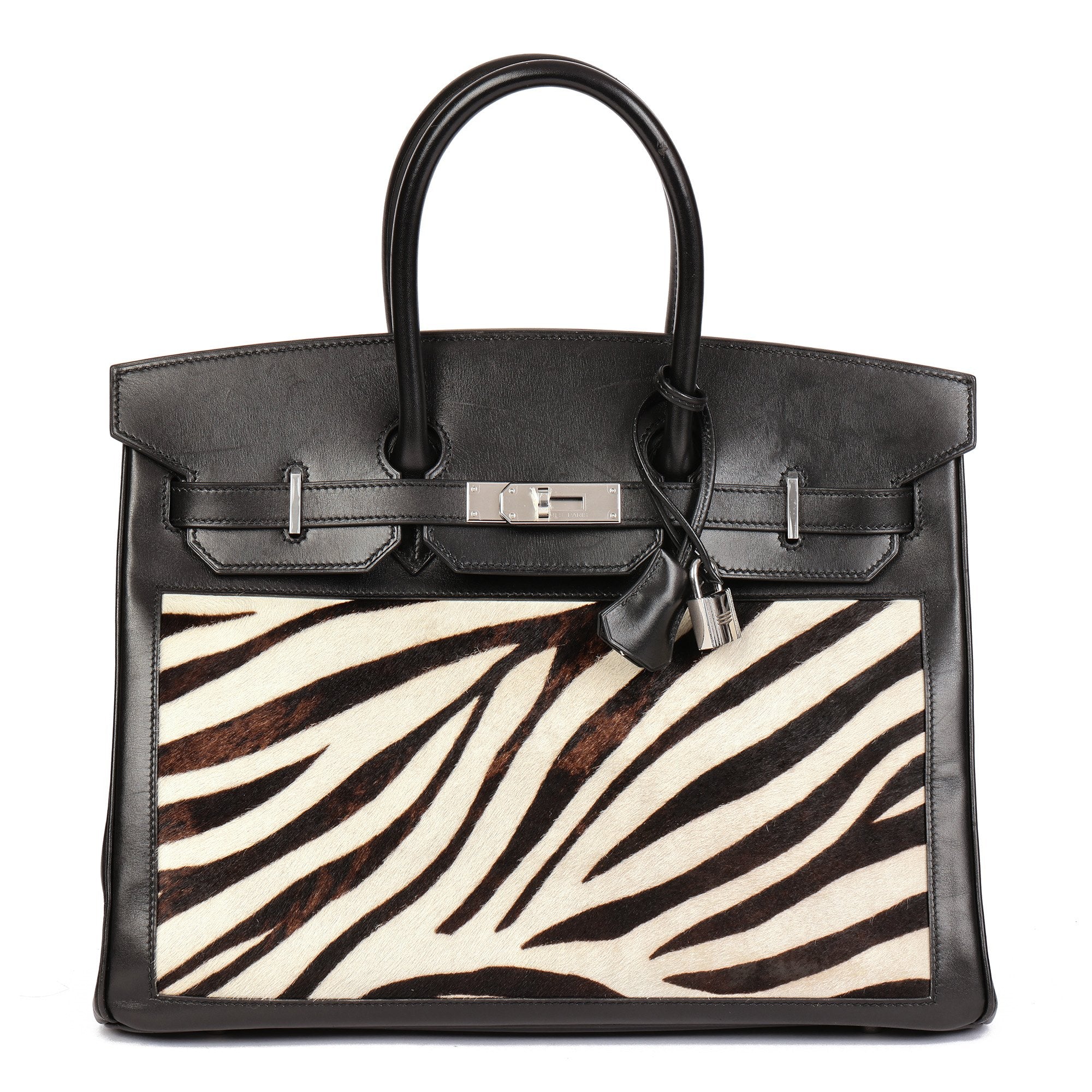 Black Box Calf Leather & Zebra Print Calfskin Pony Fur Birkin 35cm Retourne Tote